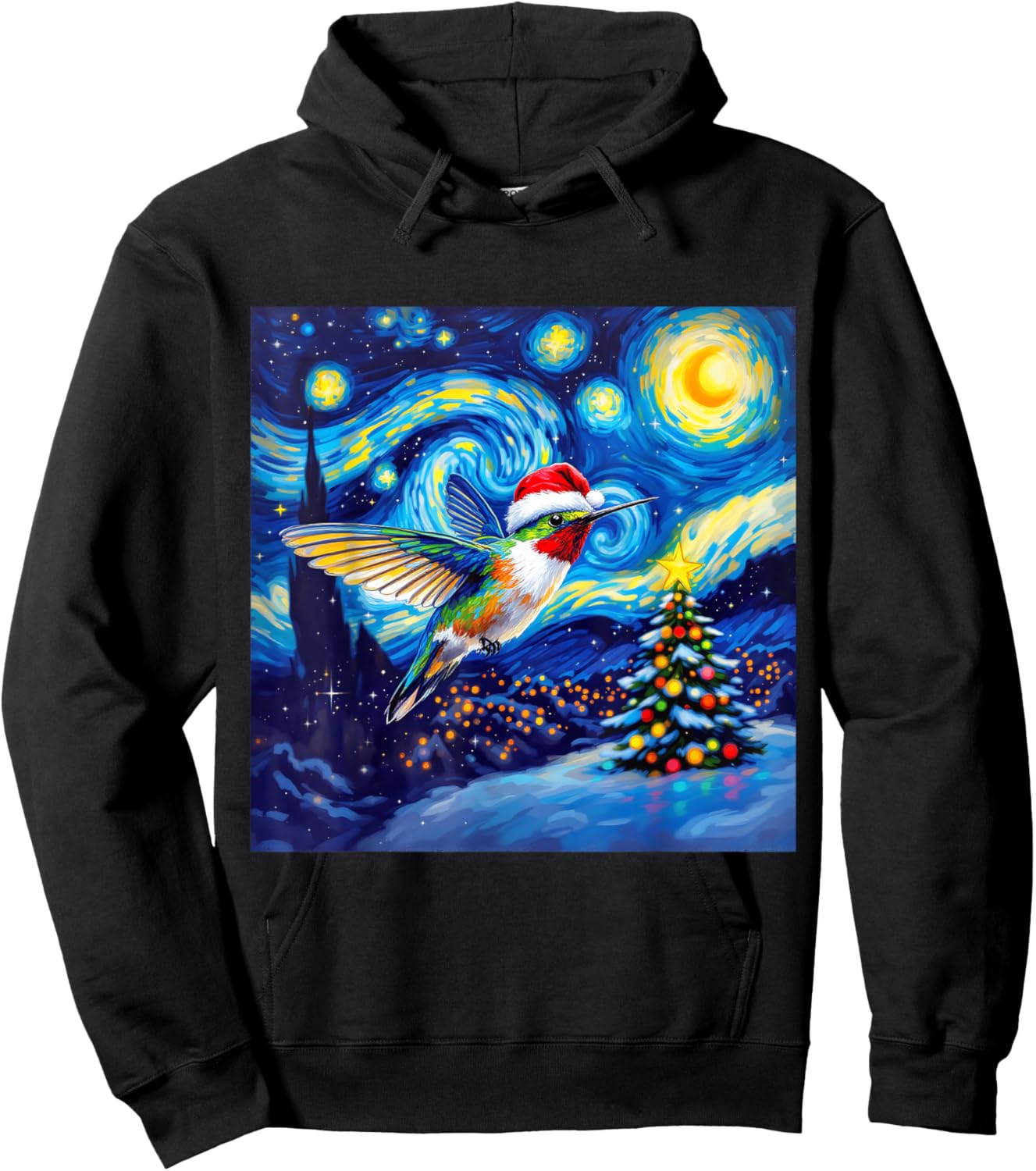Christmas Hummingbird Santa Hat Van Gogh Starry Night Hoodie - Hoodie | Black