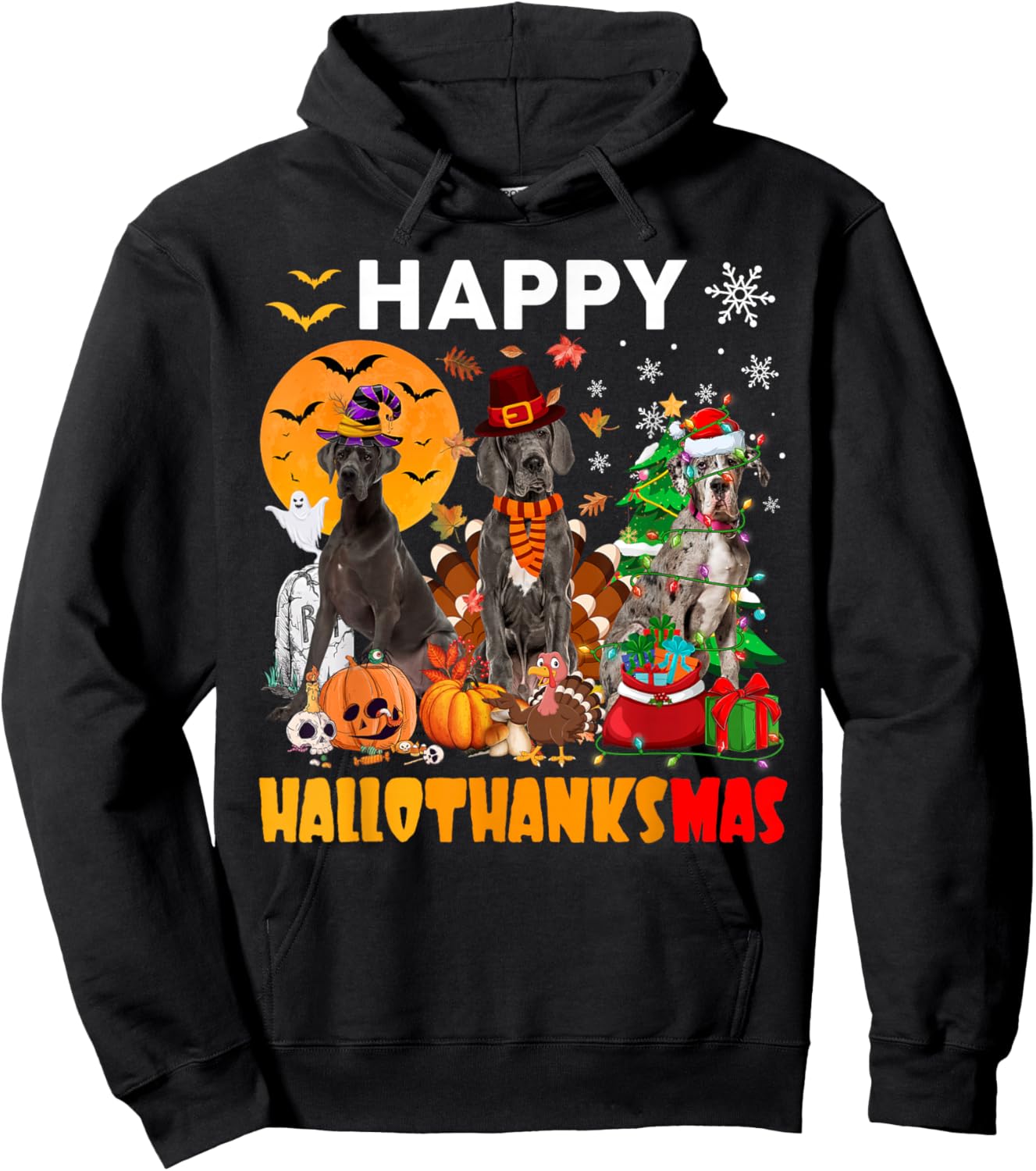 Funny Witch Turkey Santa Great Dane Dog Happy HalloThanksMas Hoodie - Hoodie | Black