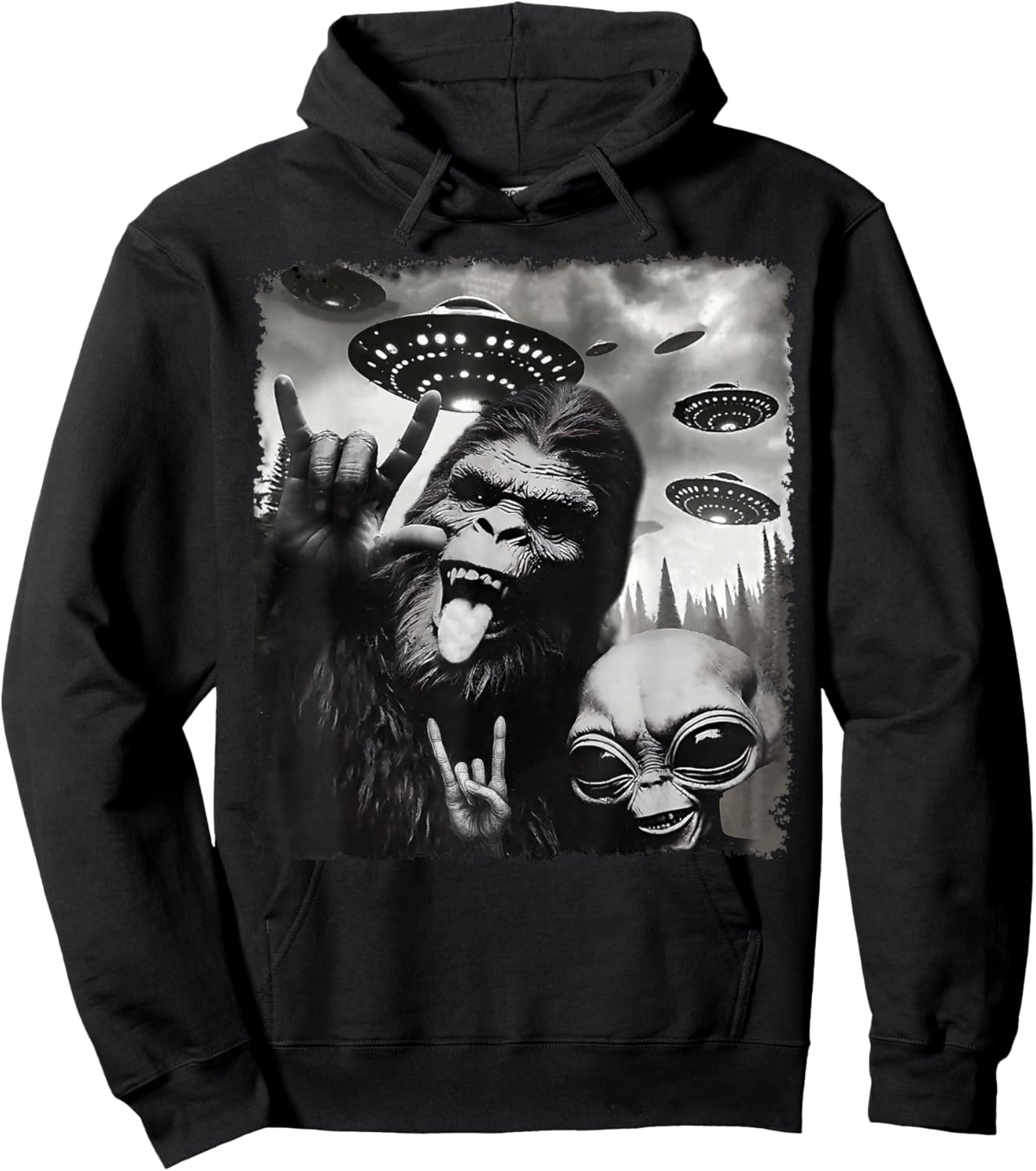 Funny Bigfoot Alien Sasquatch Rock On Hand Sign UFO Selfie Hoodie - Hoodie | Black