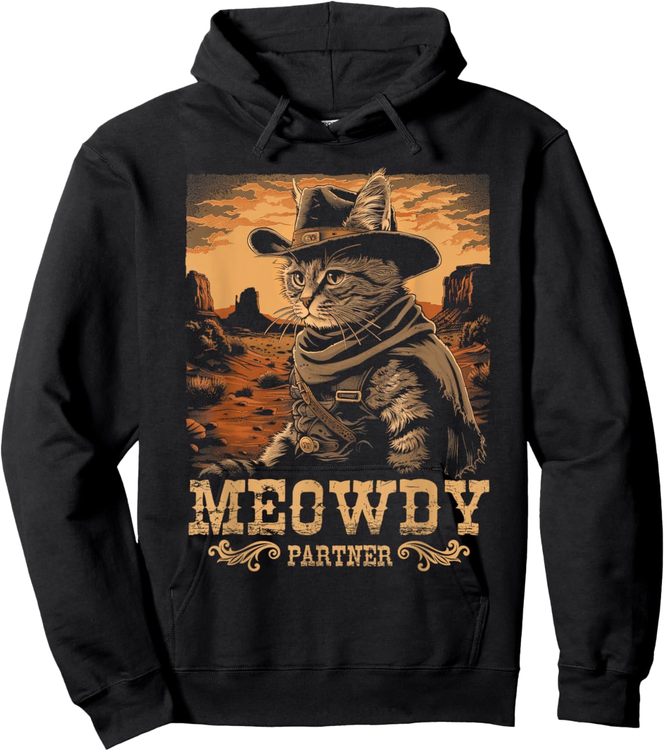 Meowdy Cute Kitten Funny Cat Cowboy Hat Country Love Animal Hoodie - Hoodie | Black