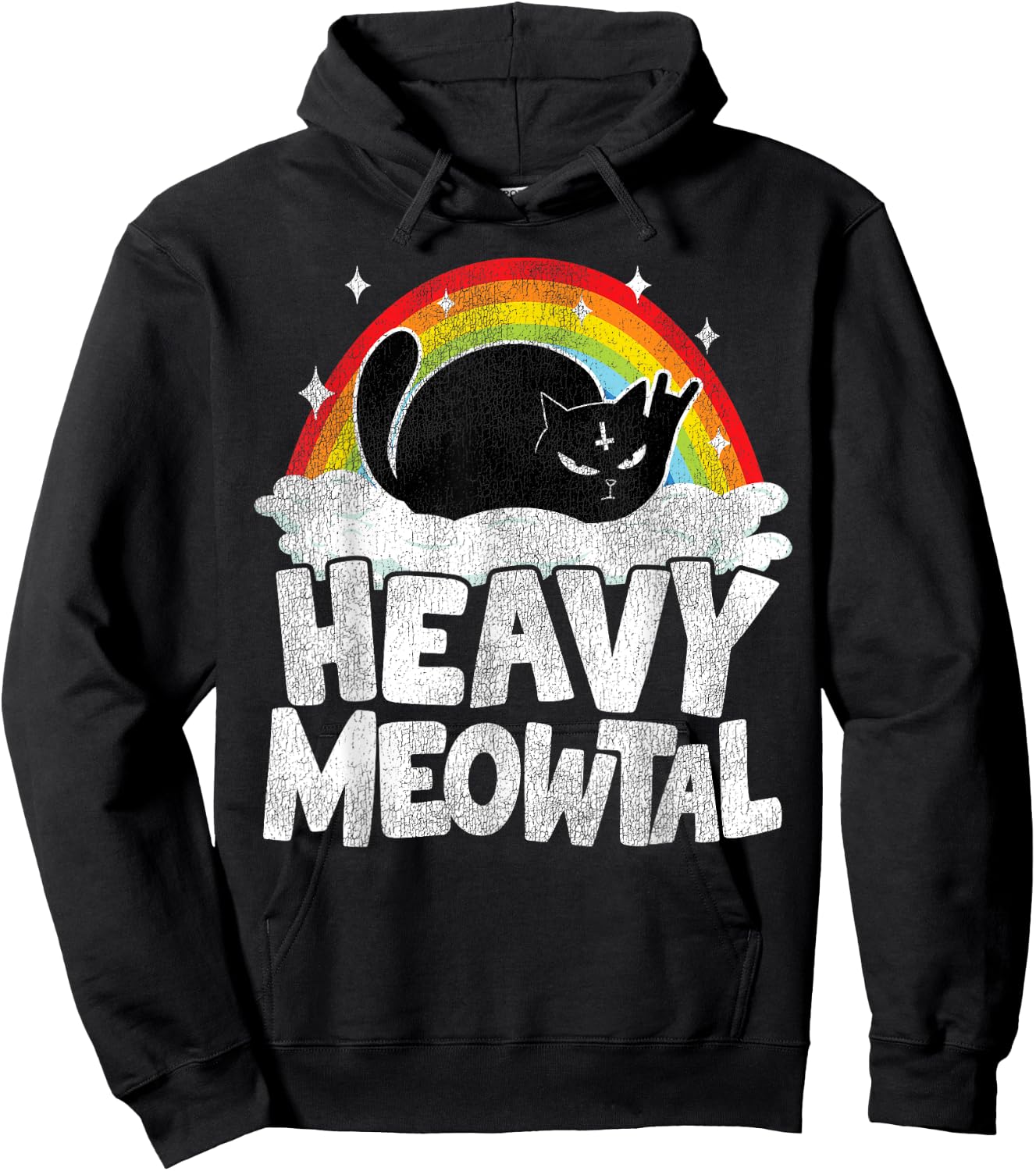 Heavy Meowtal Cat Retro Rainbow Satanic Funny Heavy Metal Hoodie - Hoodie | Black