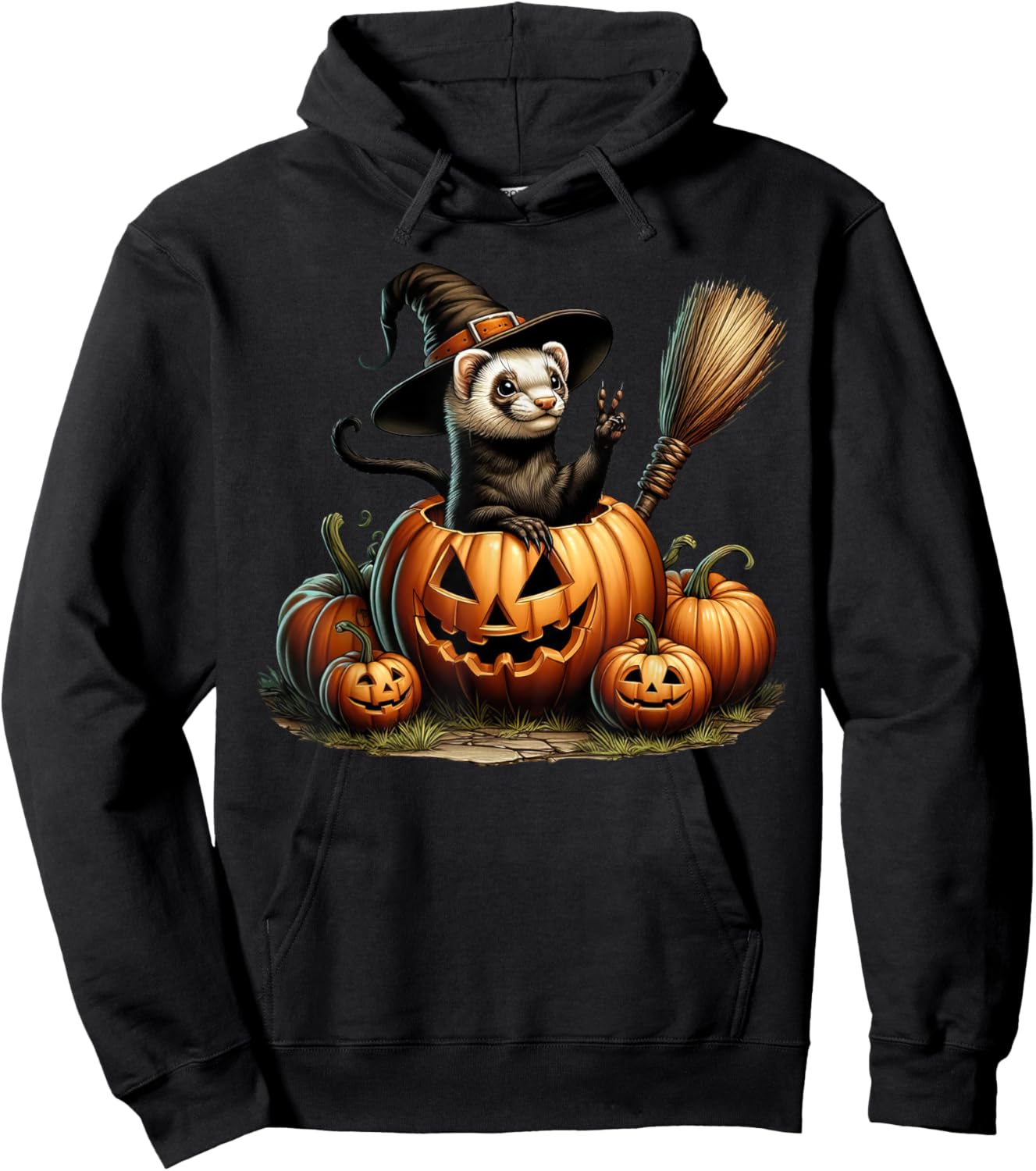Funny Ferret Witch Pumpkin Halloween Kids Hoodie - Hoodie | Black