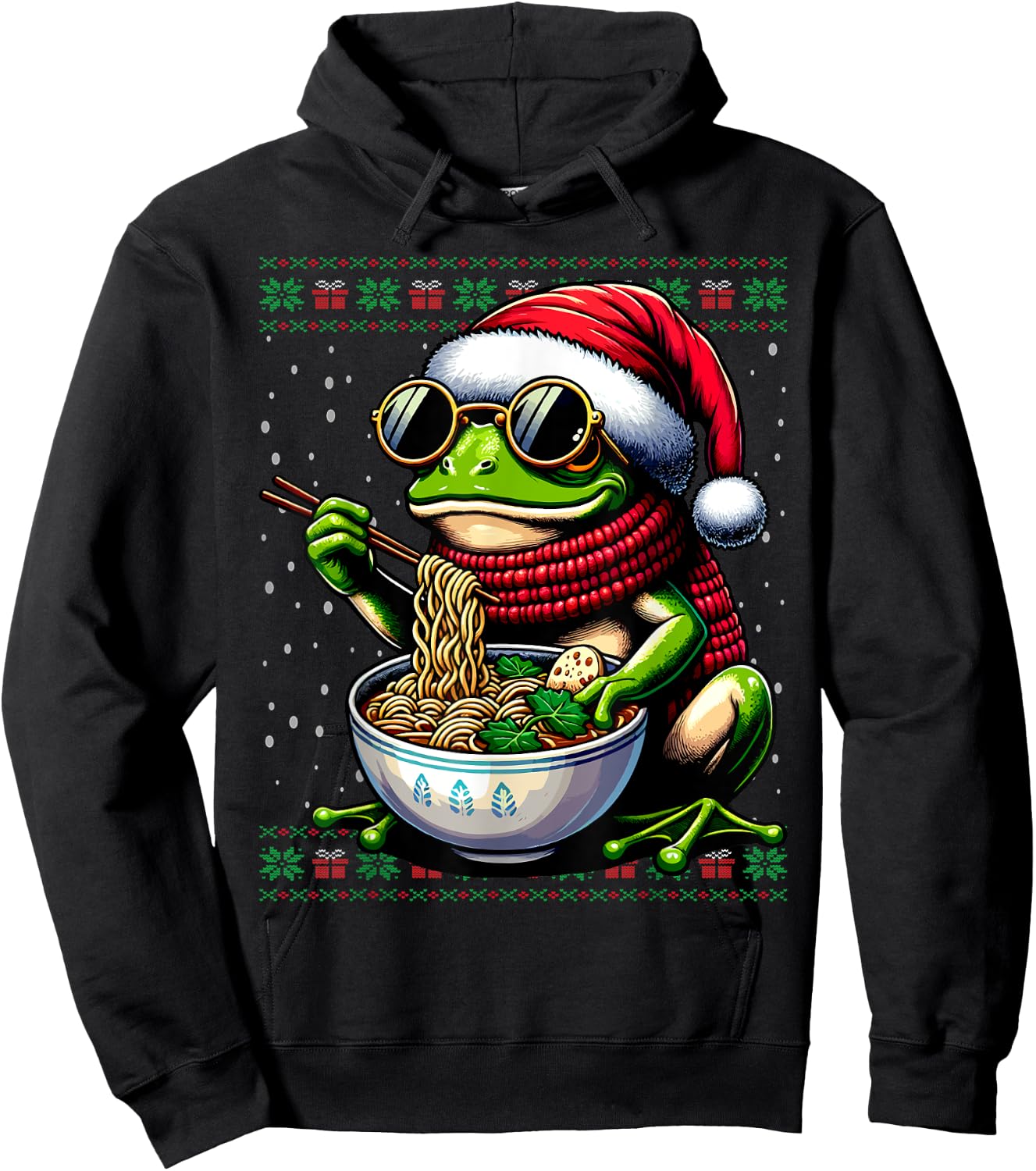 Christmas Frog Eating Ramen Ugly Christmas Sweater Hoodie - Hoodie | Black