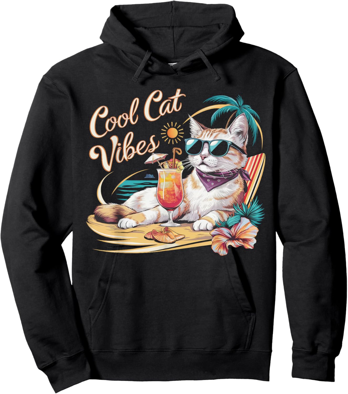 Cool Cat Vibes, A chic Fashionable Cat Tropical Beach Hoodie - Hoodie | Black