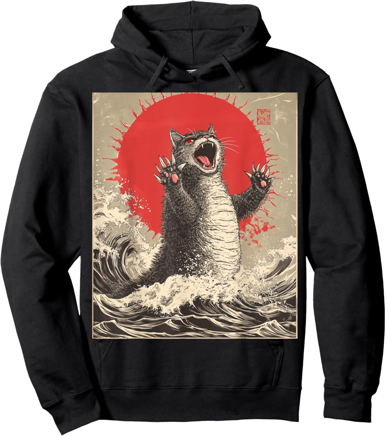 Funny Cat Lover Graphic Art Cute Catzilla Cat Japanese Art Funny Cat Hoodie - Hoodie | Black