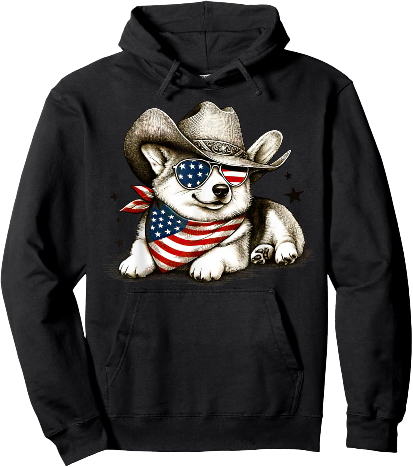 Corgi Cowboy Hat 4th of July American Flag USA Patriotic Dog Hoodie - Hoodie | Black