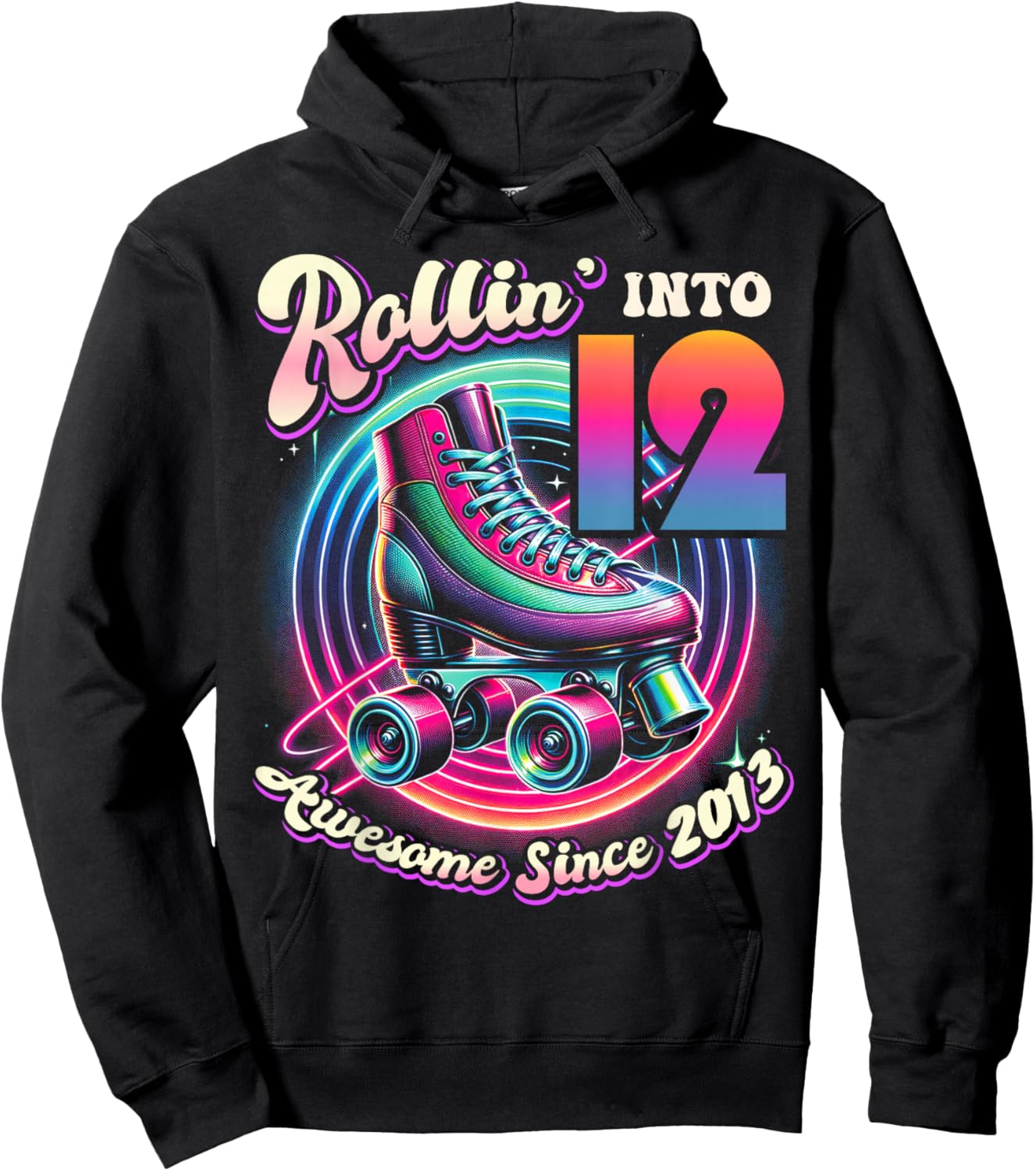 Birthday Roller Skating 12th Girl Rollin into 12 Skate Party Hoodie - Hoodie | Black
