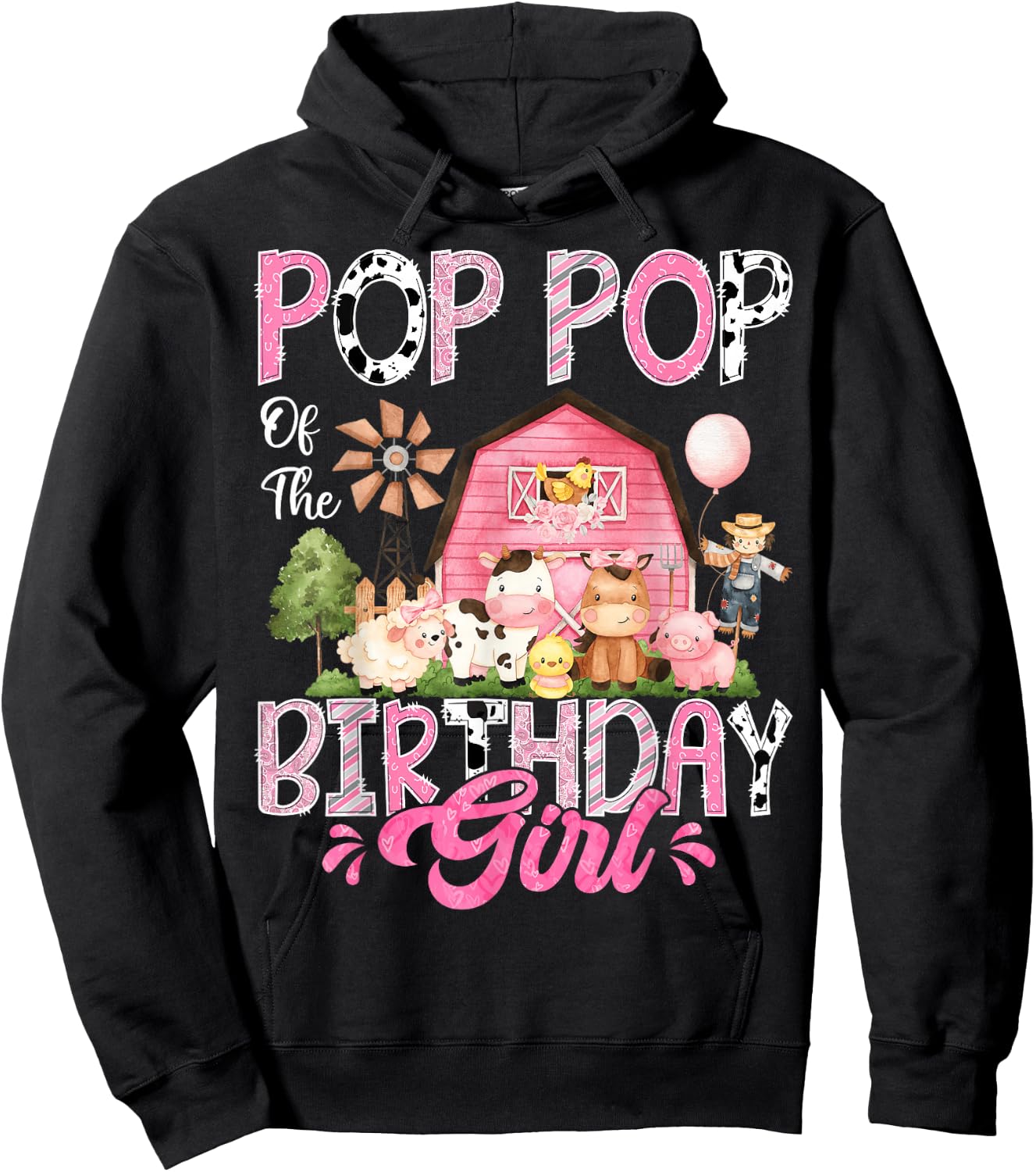 Pop Pop Of The Birthday Girl Pink Farm Cow First Birthday Hoodie - Hoodie | Black