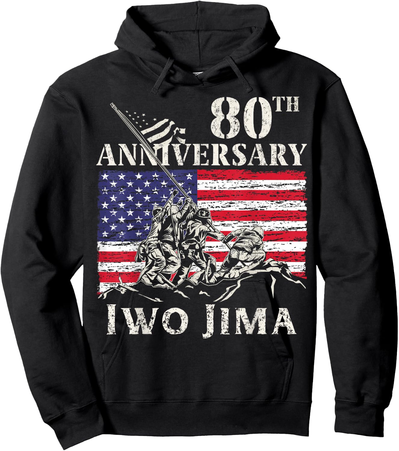 Iwo Jima WW2 Military Patriotic Support Our Troops 80th Anniversary Iwo Jima 1945-2025 WWII Veteran USA Flag -Adults Black Small Short Sleeve Hoodie - Hoodie | Black