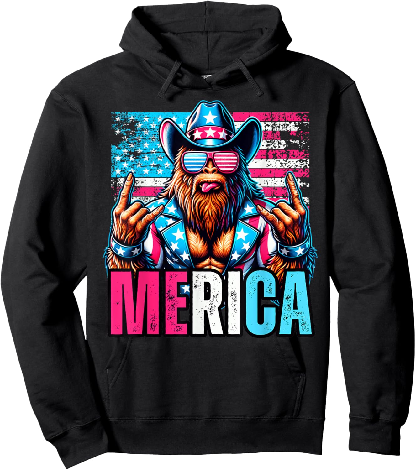 Sasquatch Merica 4th Of July American Flag Cowboy Rocker Hoodie - Hoodie | Black
