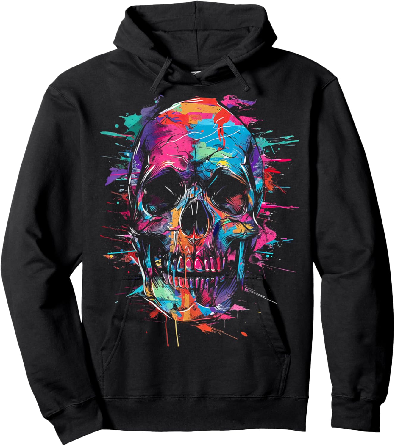 Colorful Skull Abstract Paint Splatter Hoodie - Hoodie | Black