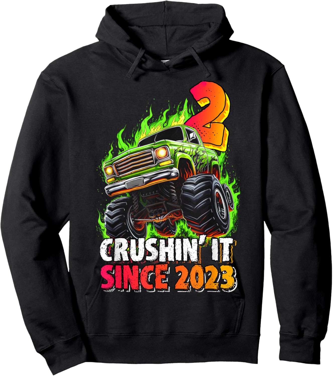 Birthday Monster Truck 2 Year Old Boys 2nd Party Born 2023 Hoodie - Hoodie | Black