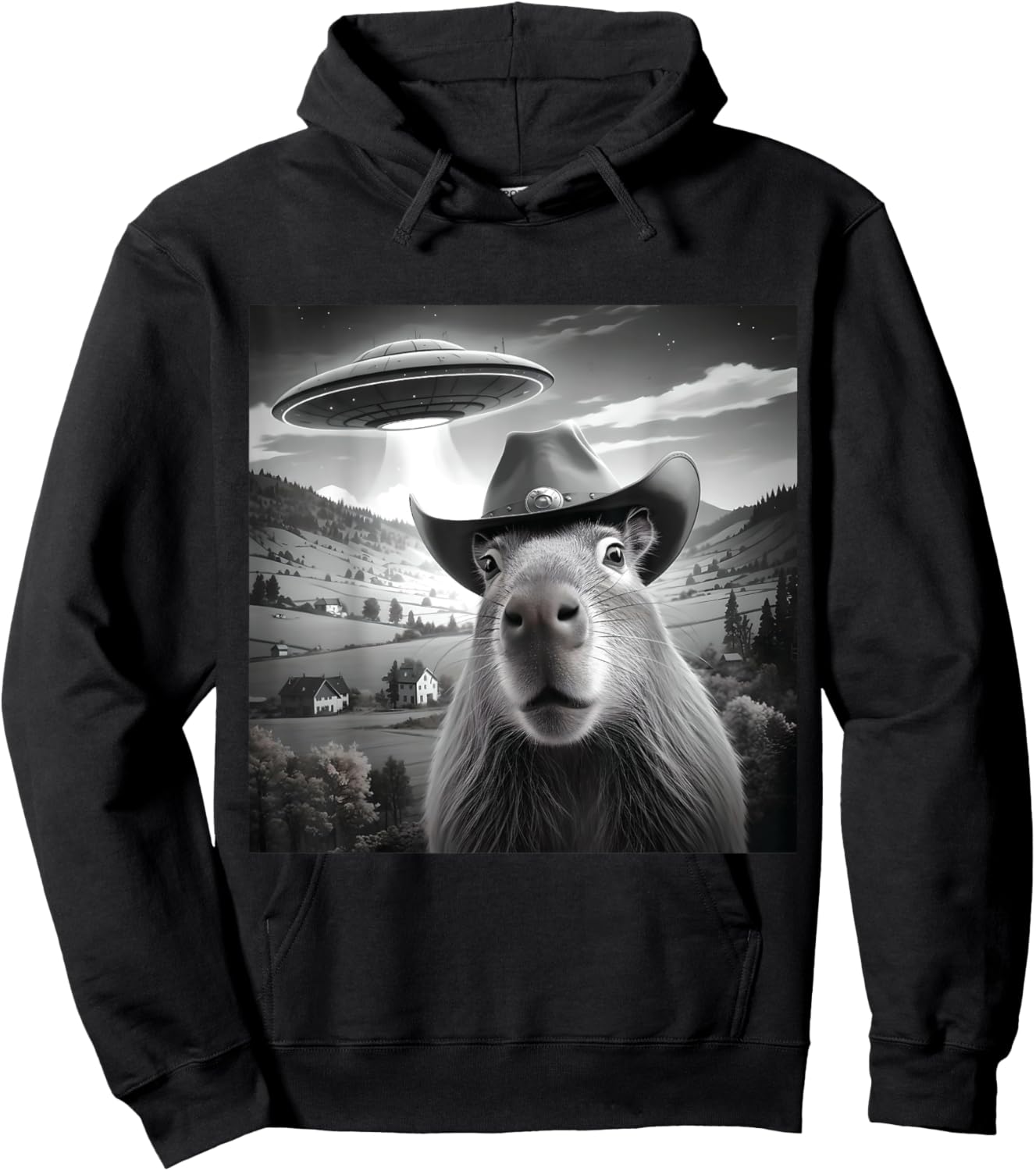Funny Capybara Selfie Wearing Cute Hat With UFOs Weird Hoodie - Hoodie | Black