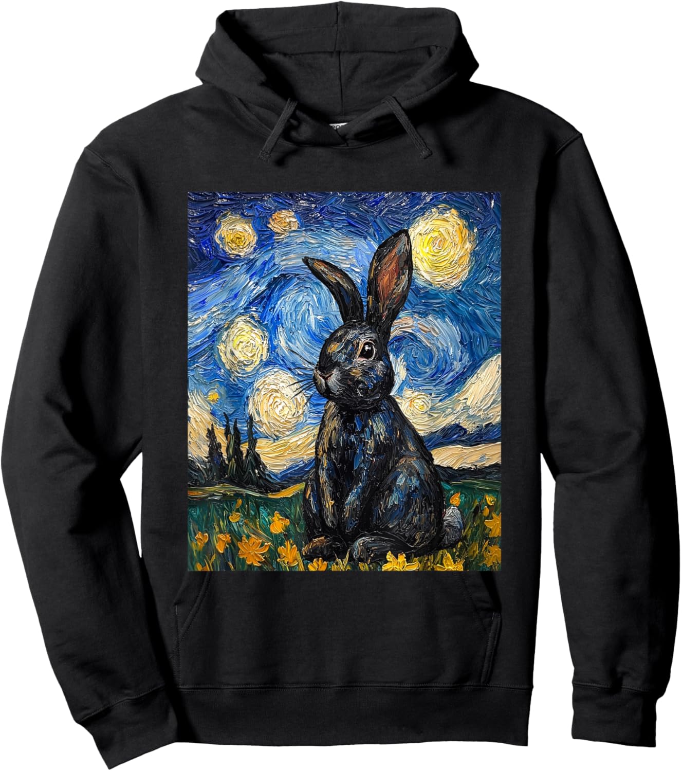 Cute Bunny Rabbit Van Gogh Style Starry Night Funny Graphic Hoodie - Hoodie | Black