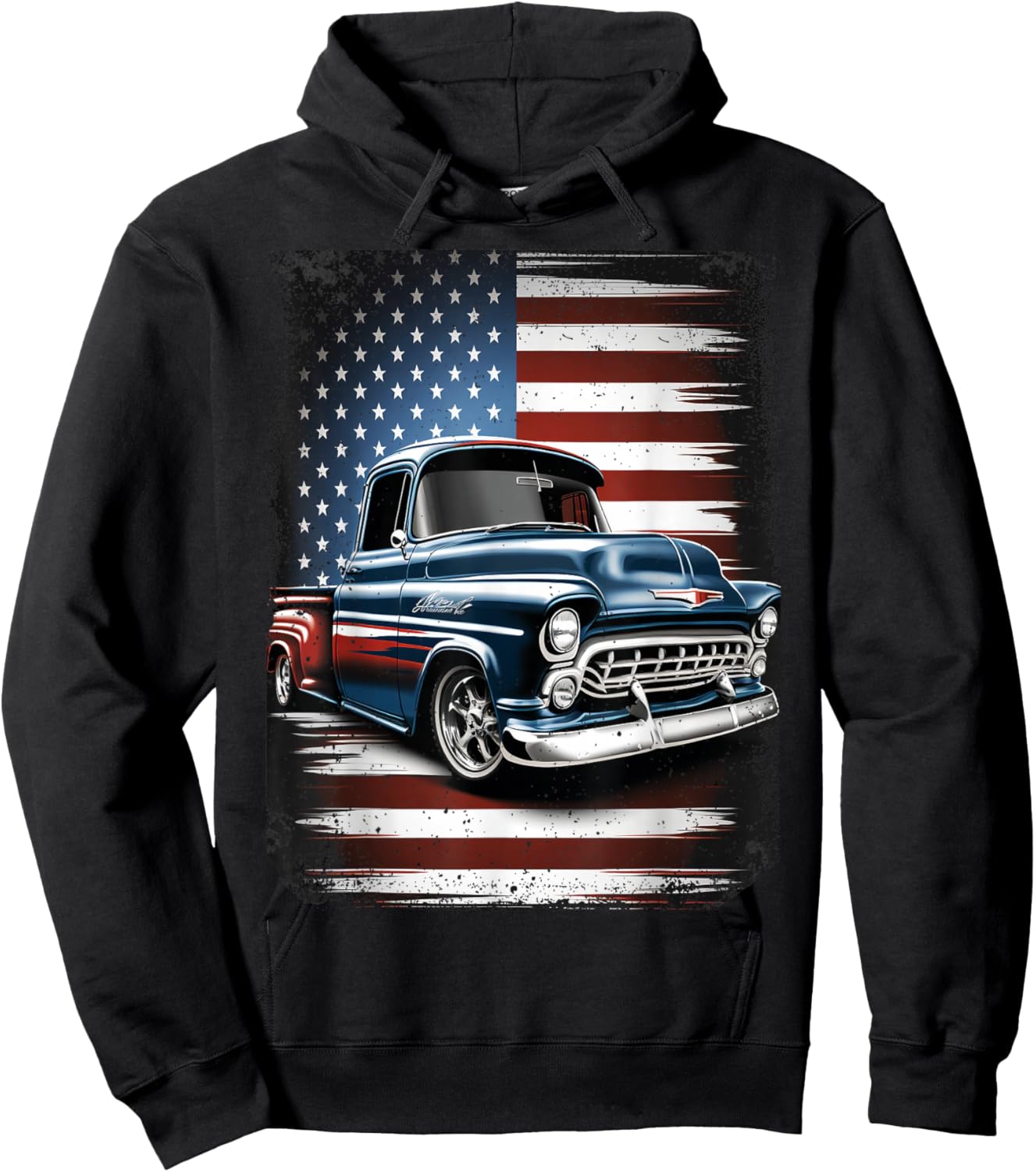 Classic Old Pickup Truck American Flag 4th of July Patriotic Hoodie - Hoodie | Black