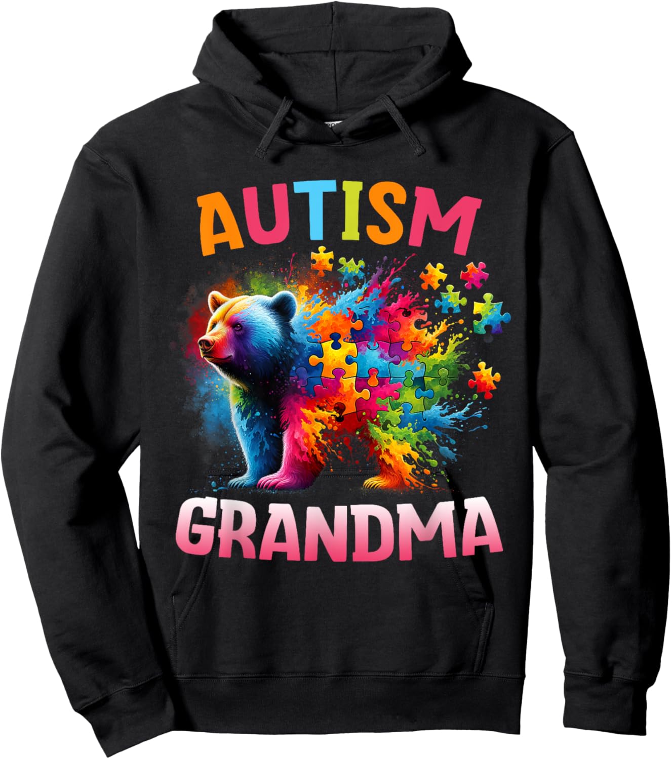 Autism Grandma Colorful Rainbow Grandma Bear Autism Hoodie - Hoodie | Black