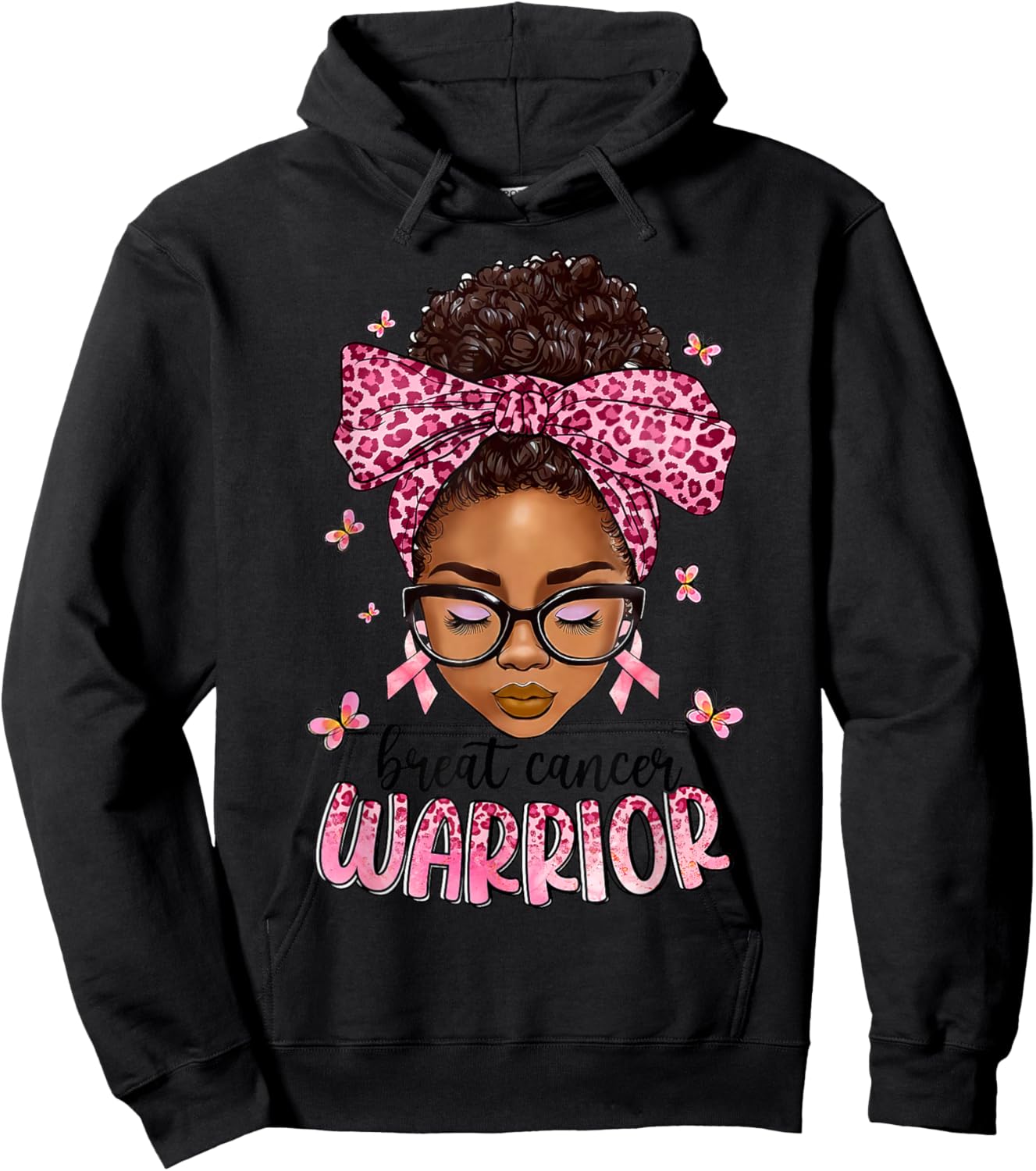 Breast Cancer Awareness Warrior Messy Bun Hair Black Woman Hoodie - Hoodie | Black