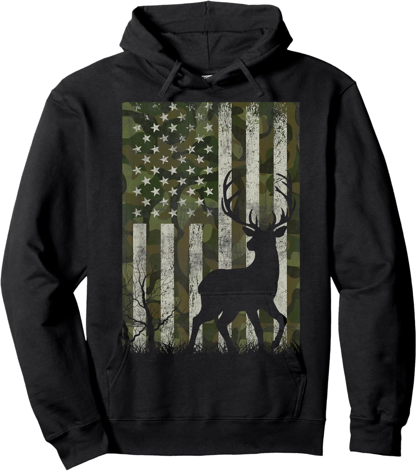 US Flag Deer Elk Buck Camoflage Hunting Hunter Dad Grandpa Hoodie - Hoodie | Black