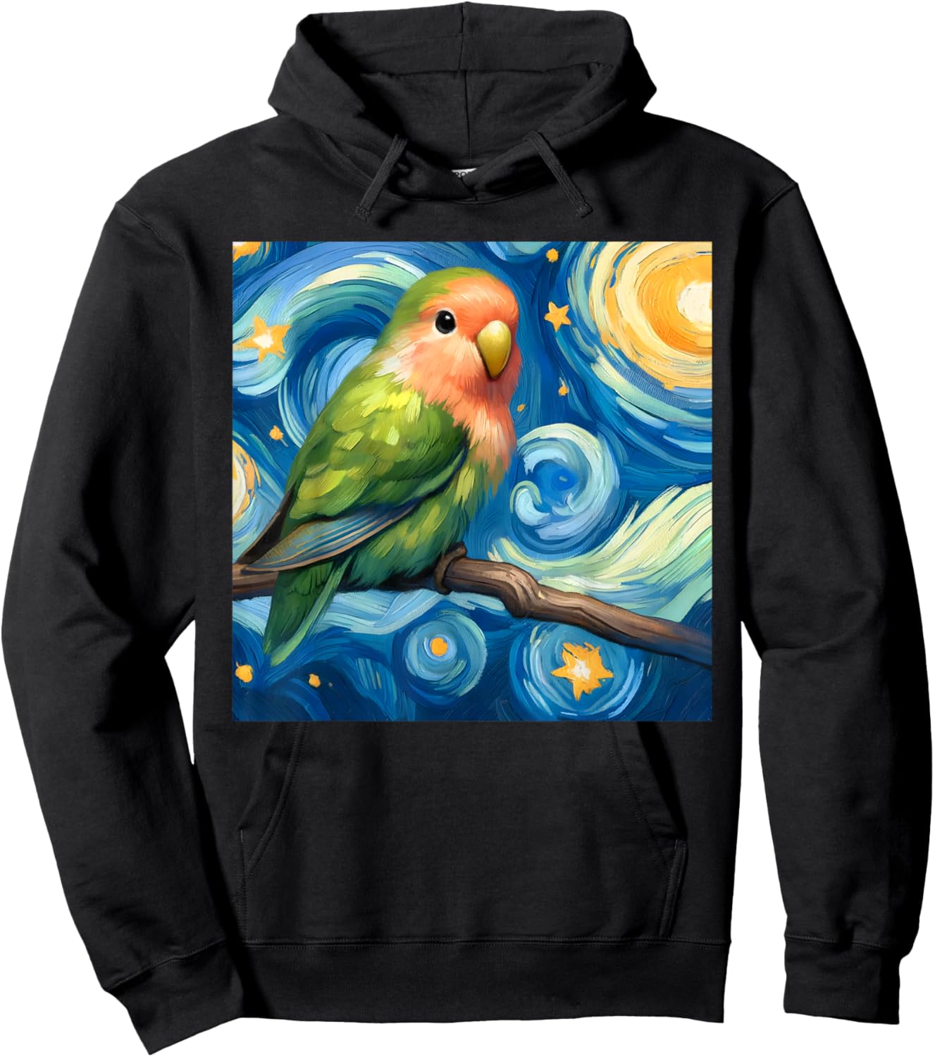 Rosy-faced Green Lovebird Parrot Starry Night Sky Van Gogh Hoodie - Hoodie | Black
