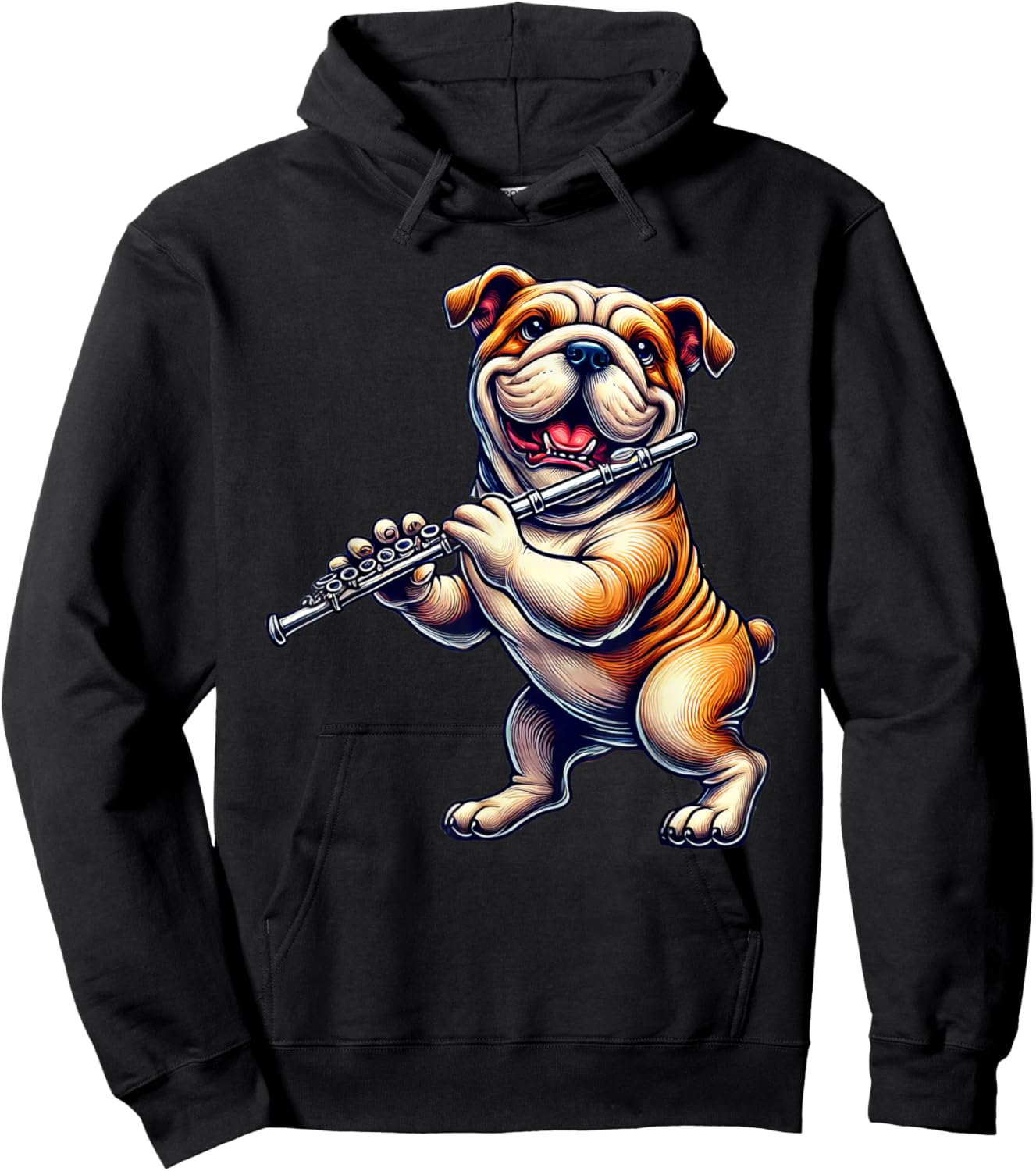 Cute English Bulldog Dog Playing Flute Musician Music Hoodie - Hoodie | Black