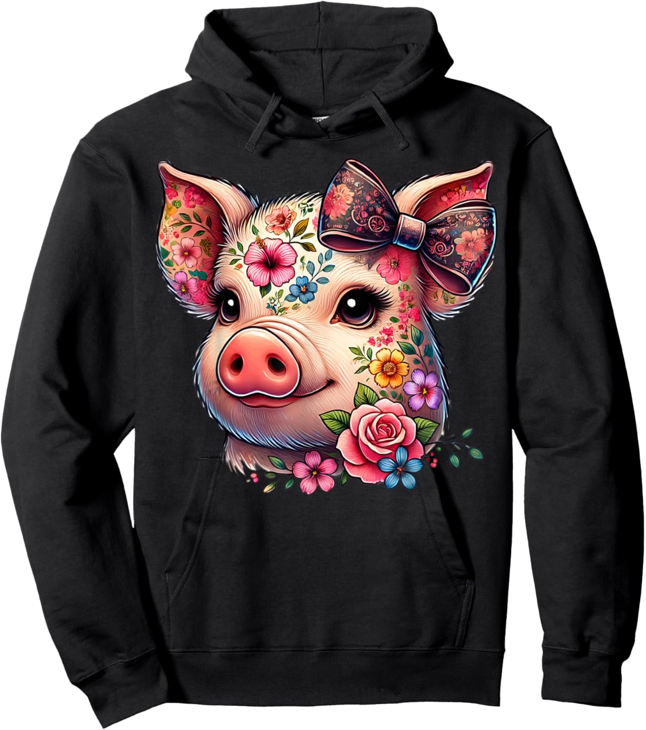 Adorable Pig Flower Graphic Pig Farm Animal Lovers and Girls , Black, S Hoodie - Hoodie | Black