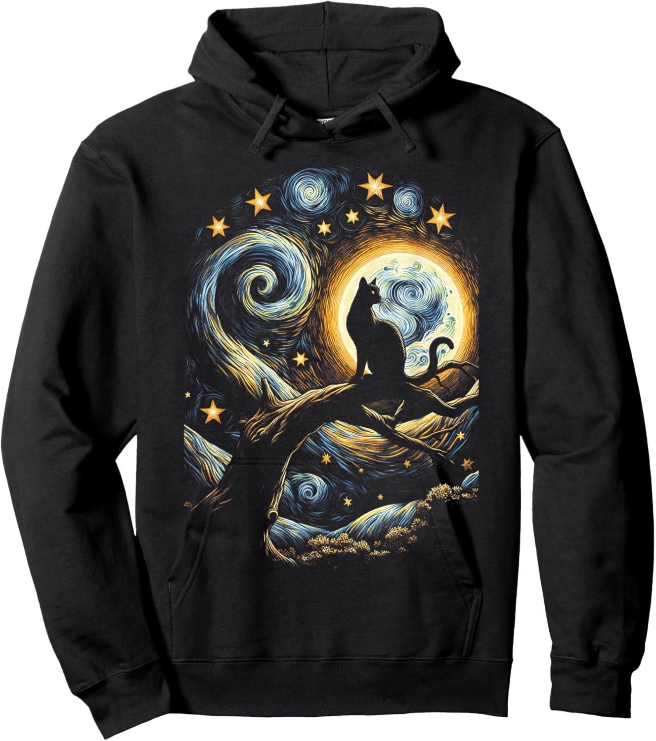 Cat Starry Night, Cat Van Gogh, Cat Art, Kids Funny Cat Hoodie - Hoodie | Black