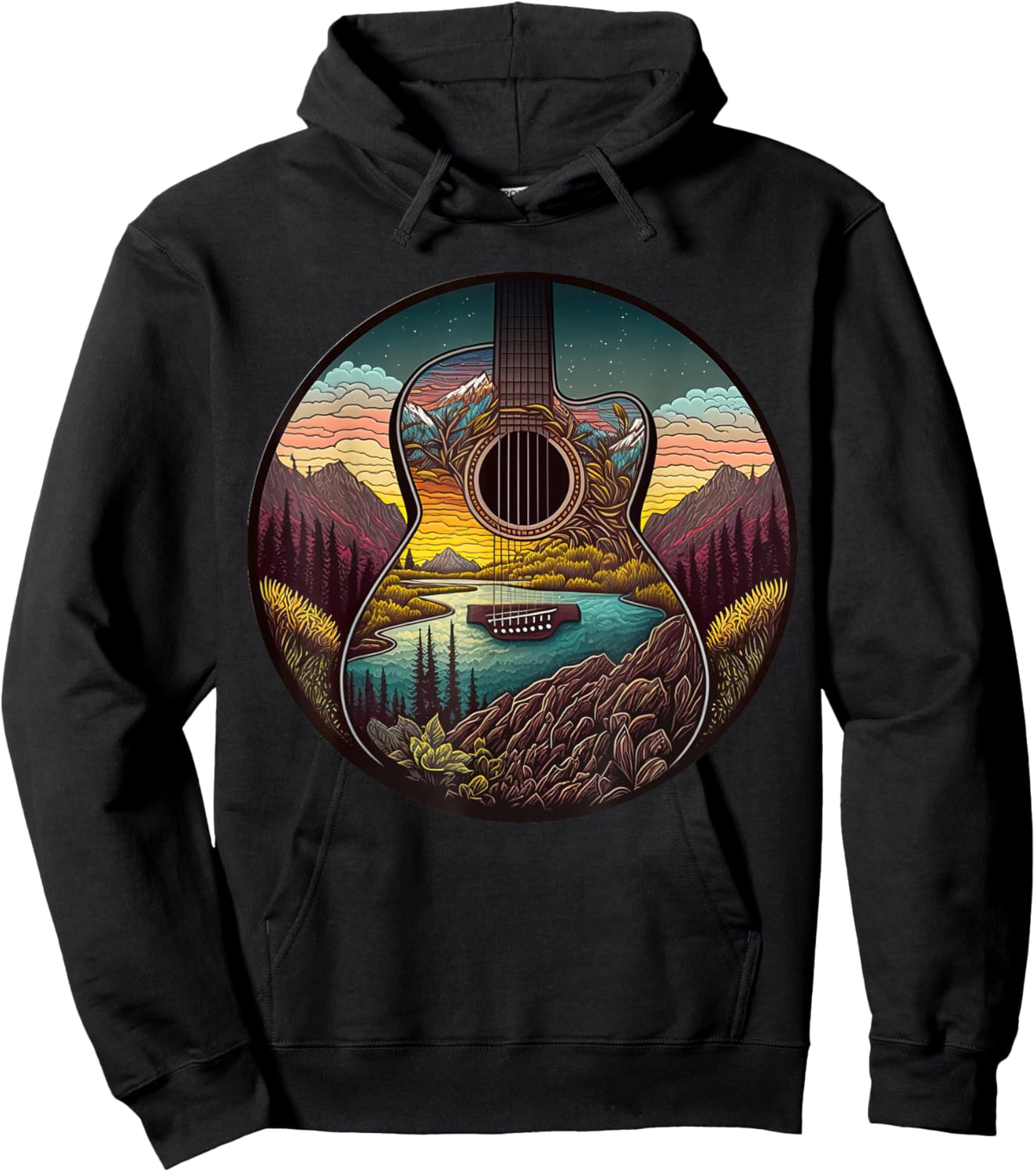 Guitar Landscape Music Lover- Acoustic Guitar Player Graphic Hoodie - Hoodie | Black
