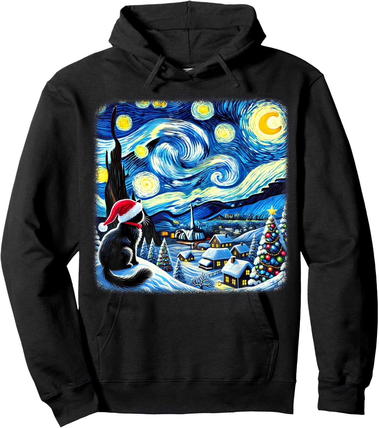Christmas Van Gogh Starry Night Black Cat Santa Hat Xmas Women Kids Hoodie - Hoodie | Black