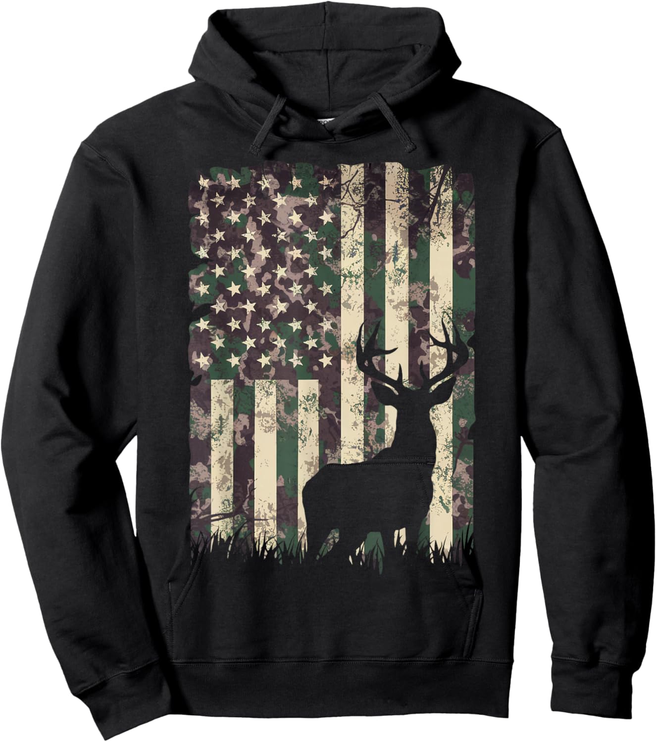 Camo US Flag Deer Camoflage Hunting Gifts Dad Hunter Hoodie - Hoodie | Black