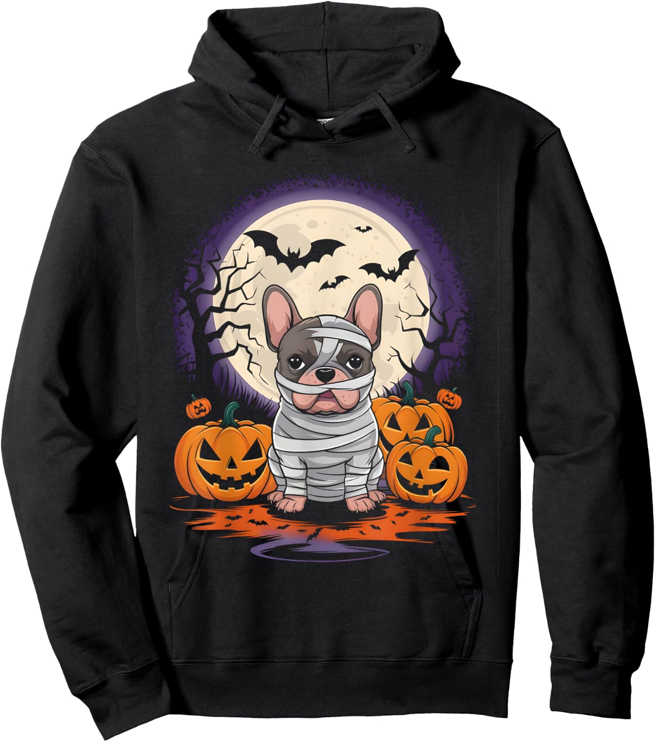 Spooky French Bulldog Mummy Full Moon - Halloween Dog Hoodie - Hoodie | Black