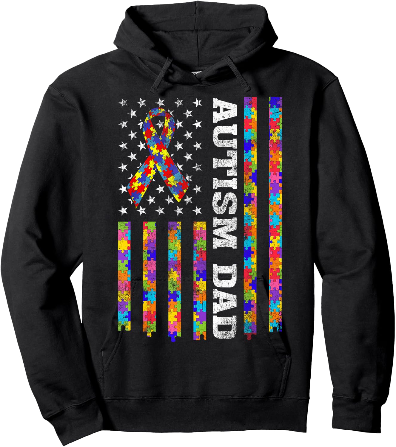Proud Autism Dad Puzzle Piece Ribbon US American Flag Women Kids Men Hoodie - Hoodie | Black