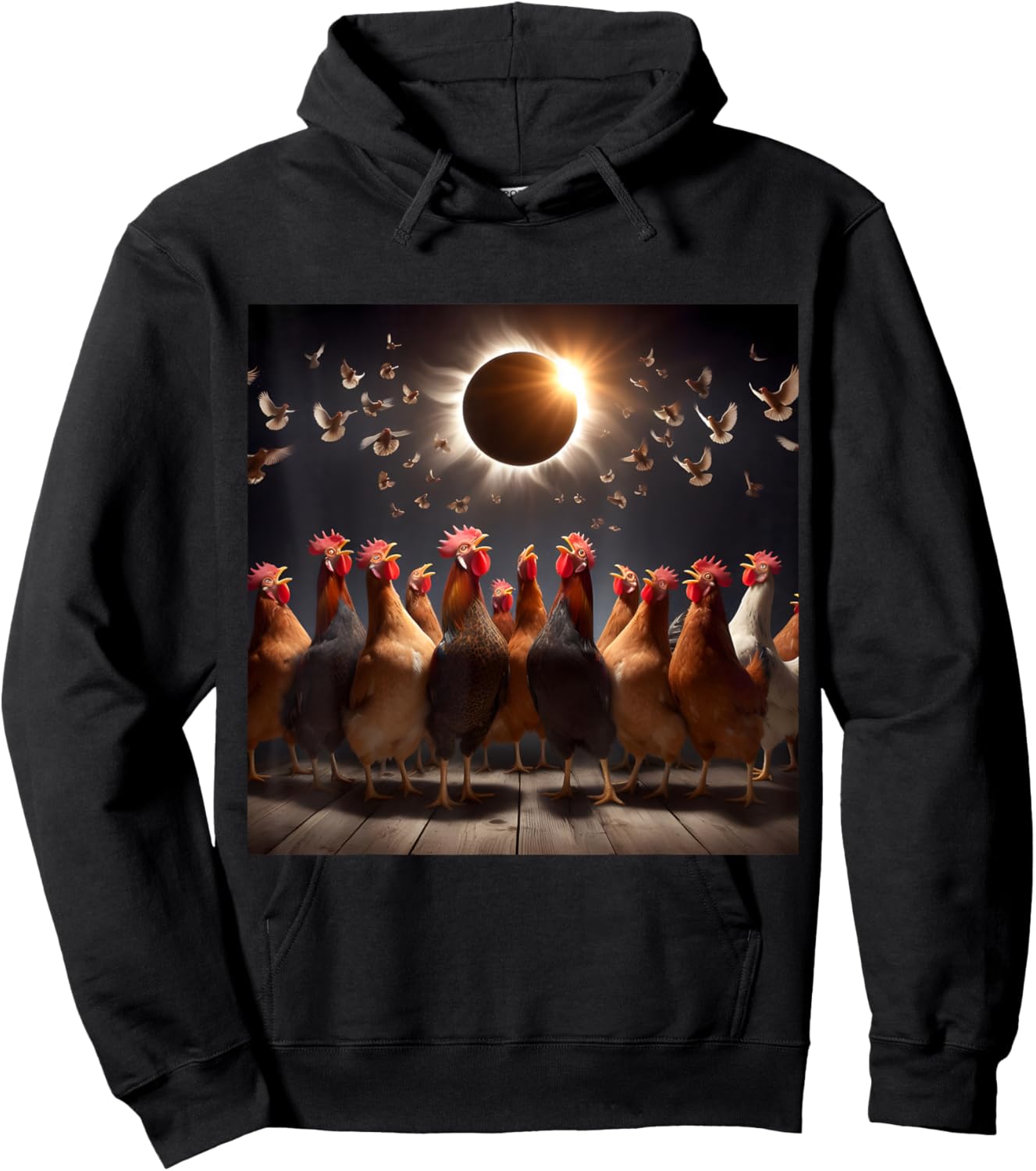 Chicken And The Total Solar Sun Eclipse 8.04.24 2024 Chicken Hoodie - Hoodie | Black