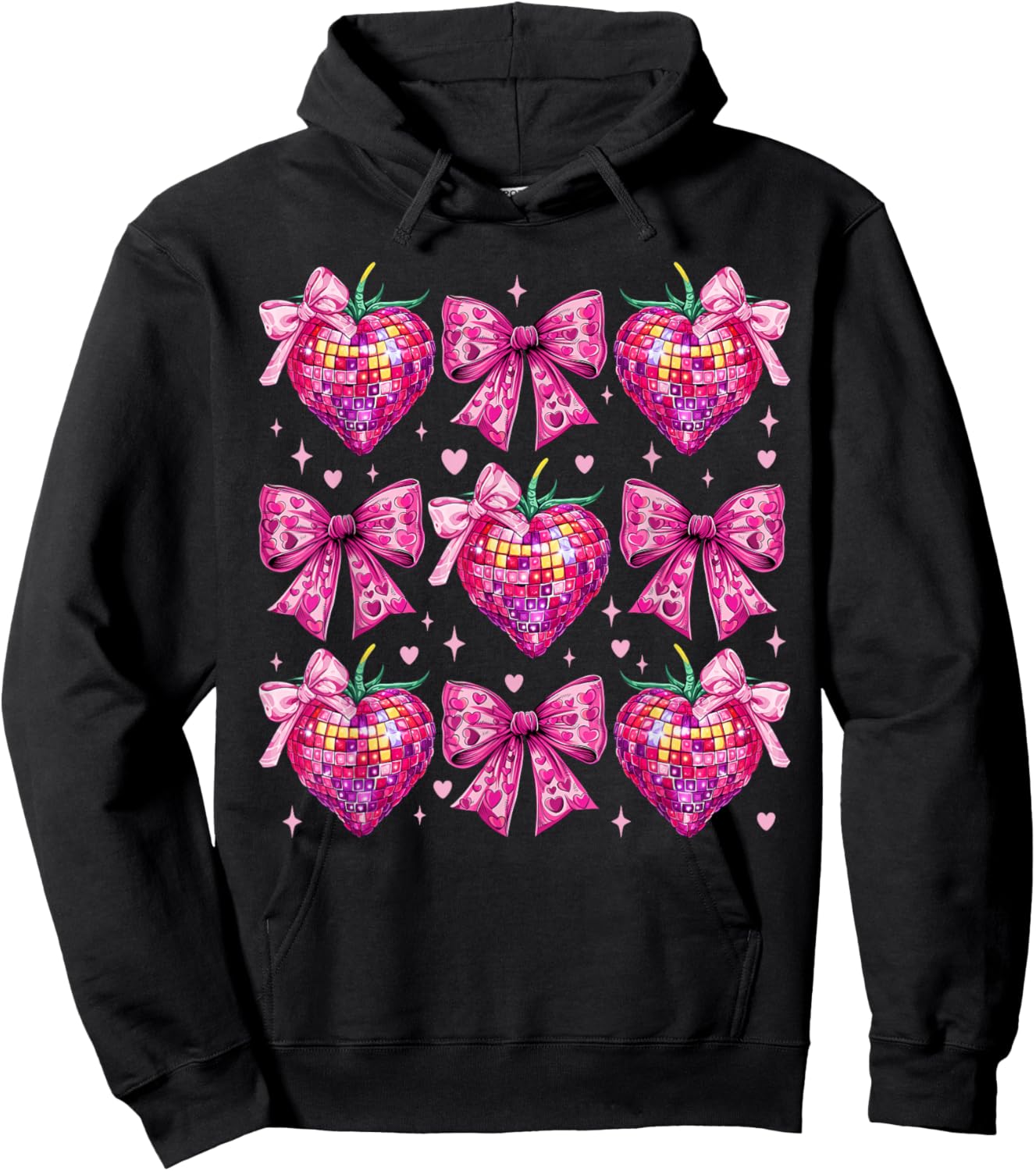 Retro Groovy Pink Coquette Bow Strawberry Valentine Heart Hoodie - Hoodie | Black
