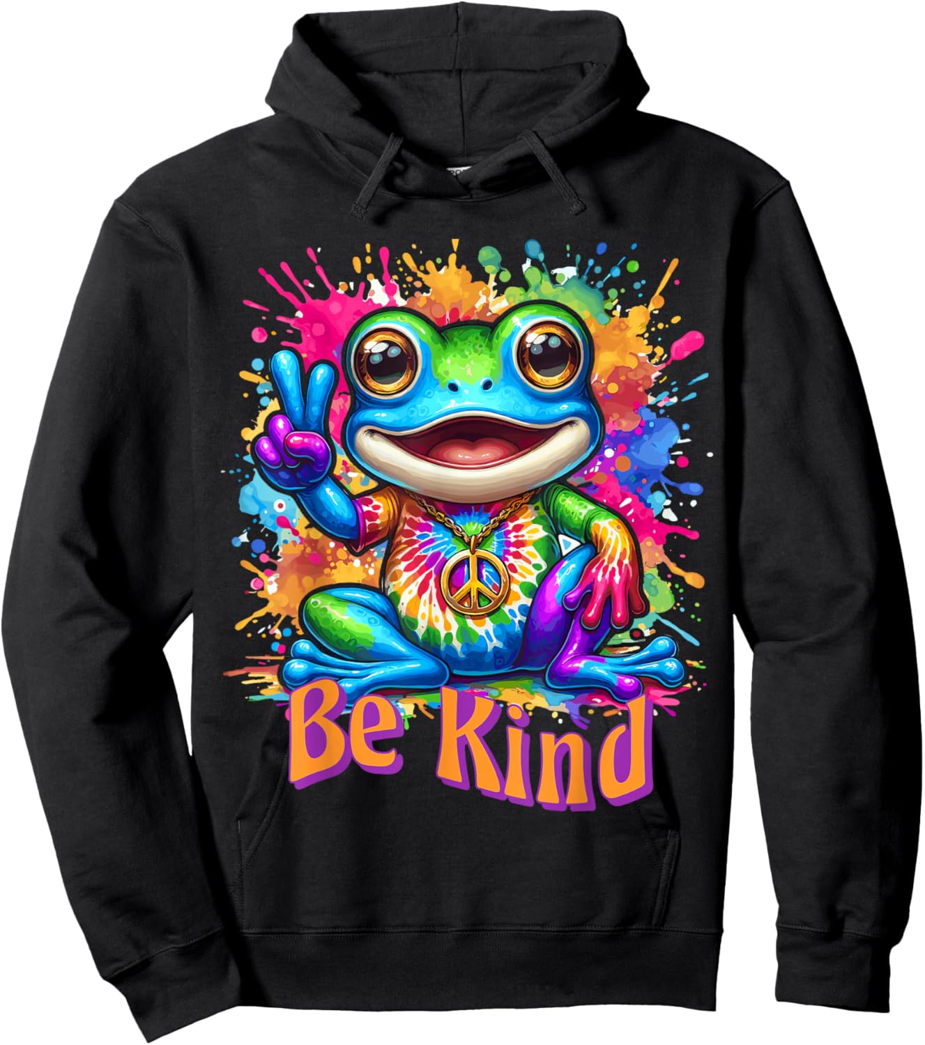 Tie-Dye Frog Peace Sign Hippie Hoodie - Hoodie | Black
