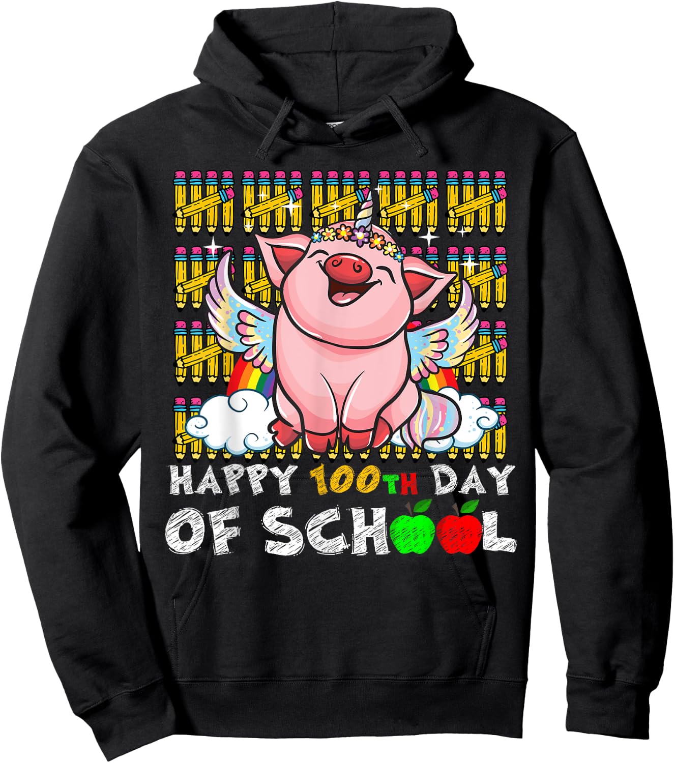 Happy 100th Day Of School Pig Funny Teacher Student Kids Hoodie - Hoodie | Black