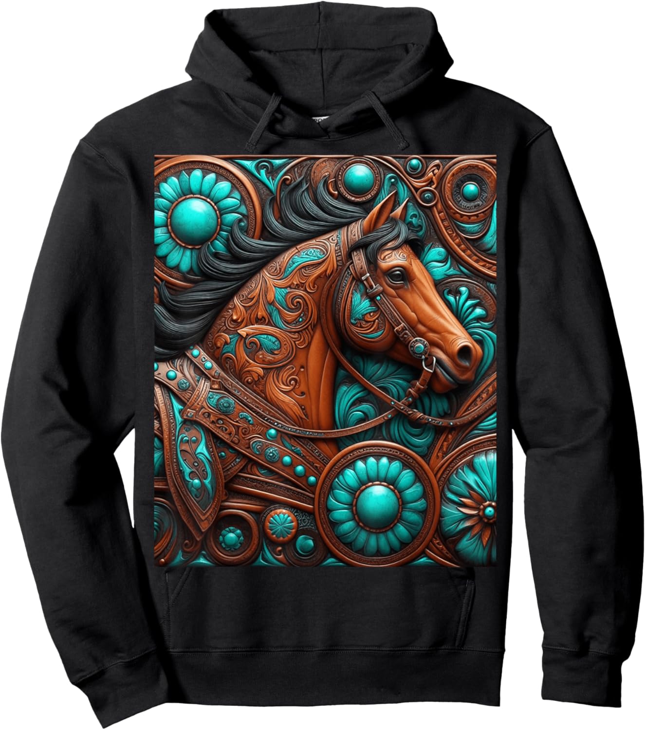 Turquoise and Chocolate Tooled Horse Hoodie - Hoodie | Black
