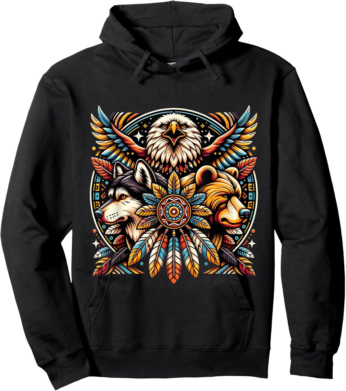 Native American Tribal Animals Bear Wolf Eagle Bohemian Hoodie - Hoodie | Black