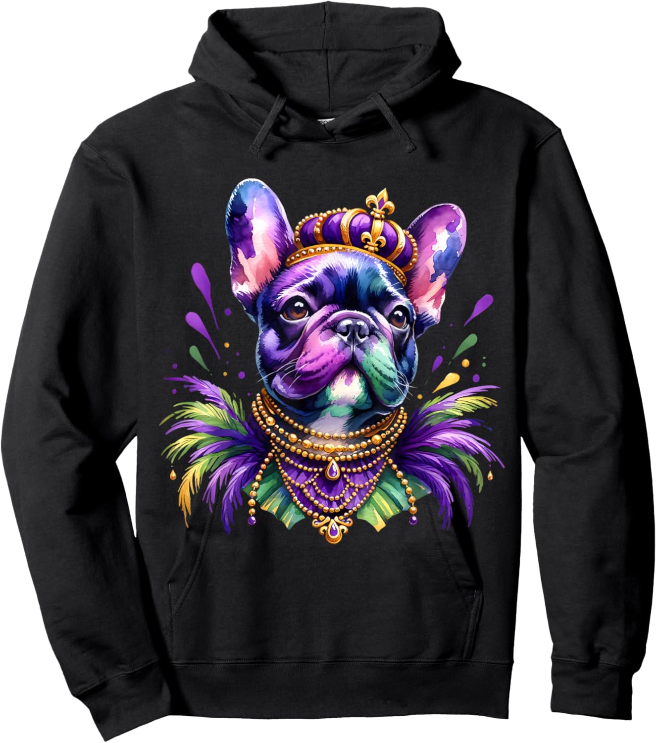 French Bulldog Owners with Mardi Gras Watercolor Dog Lovers Men Women Kids Hoodie - Hoodie | Black