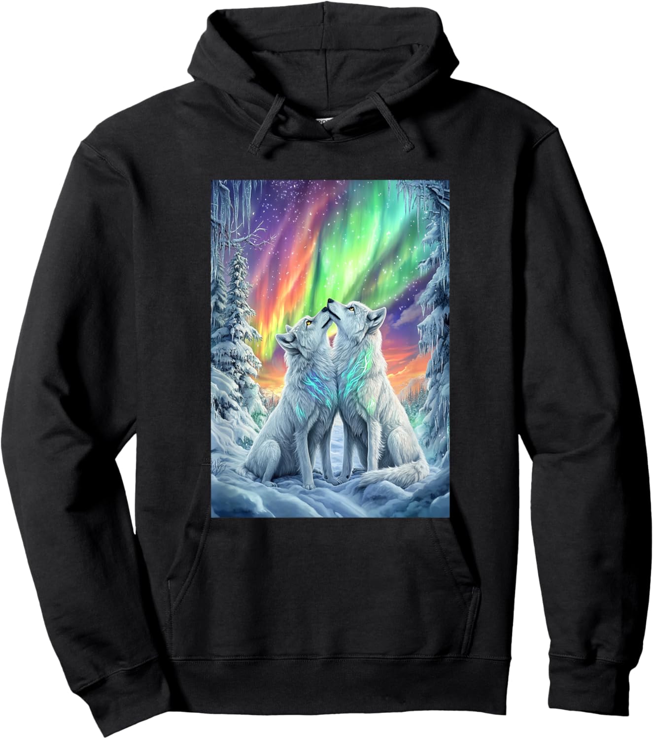 Colorful Northern Lights Wolves Nature Mtn Winter Girls Wolf Hoodie - Hoodie | Black