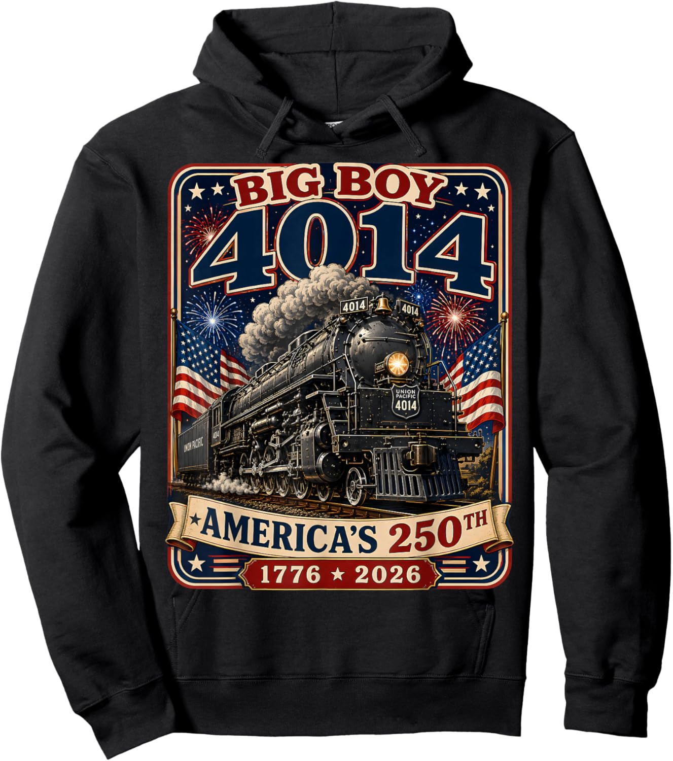 Big Boy 4014 Train 4th of July Retro US Flag Vintage Apparel Hoodie - Hoodie | Black