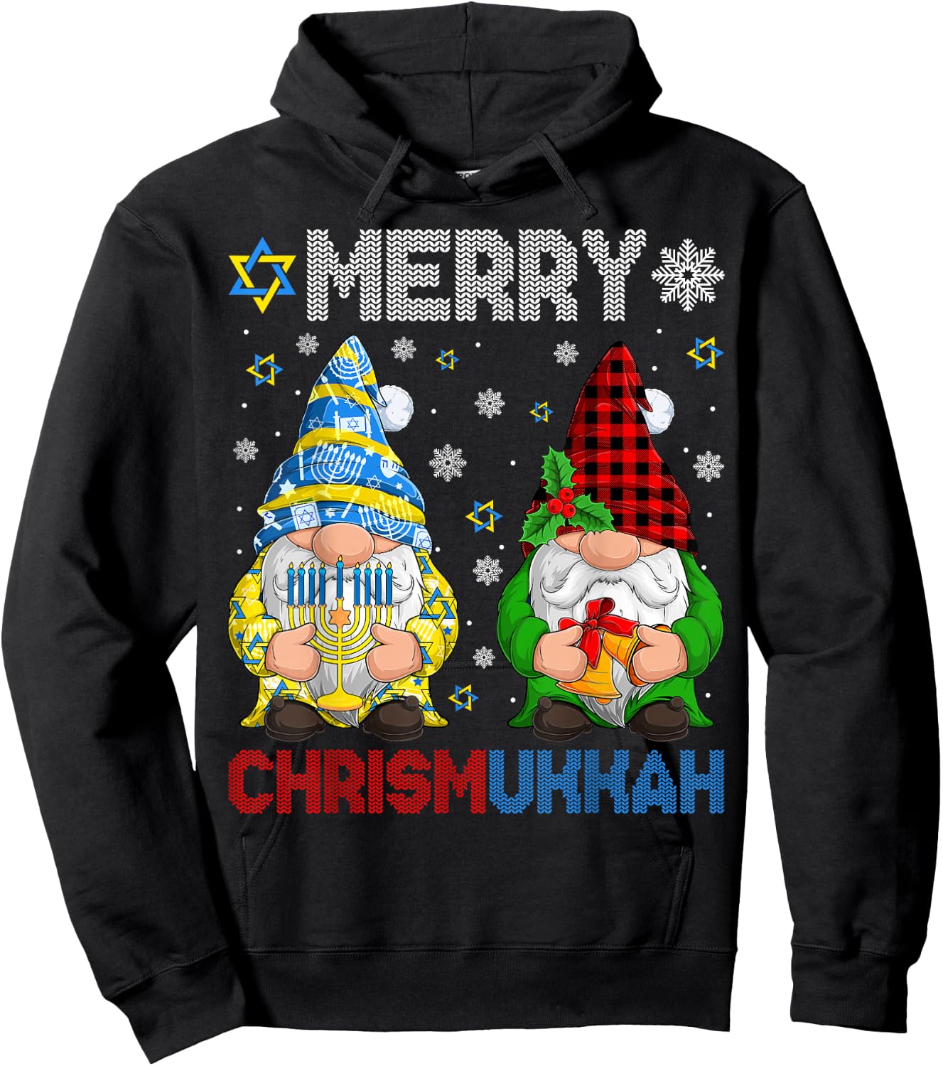 Merry Chrismukkah Jewish Gnome Christmas Chanukah Pajamas Hoodie - Hoodie | Black