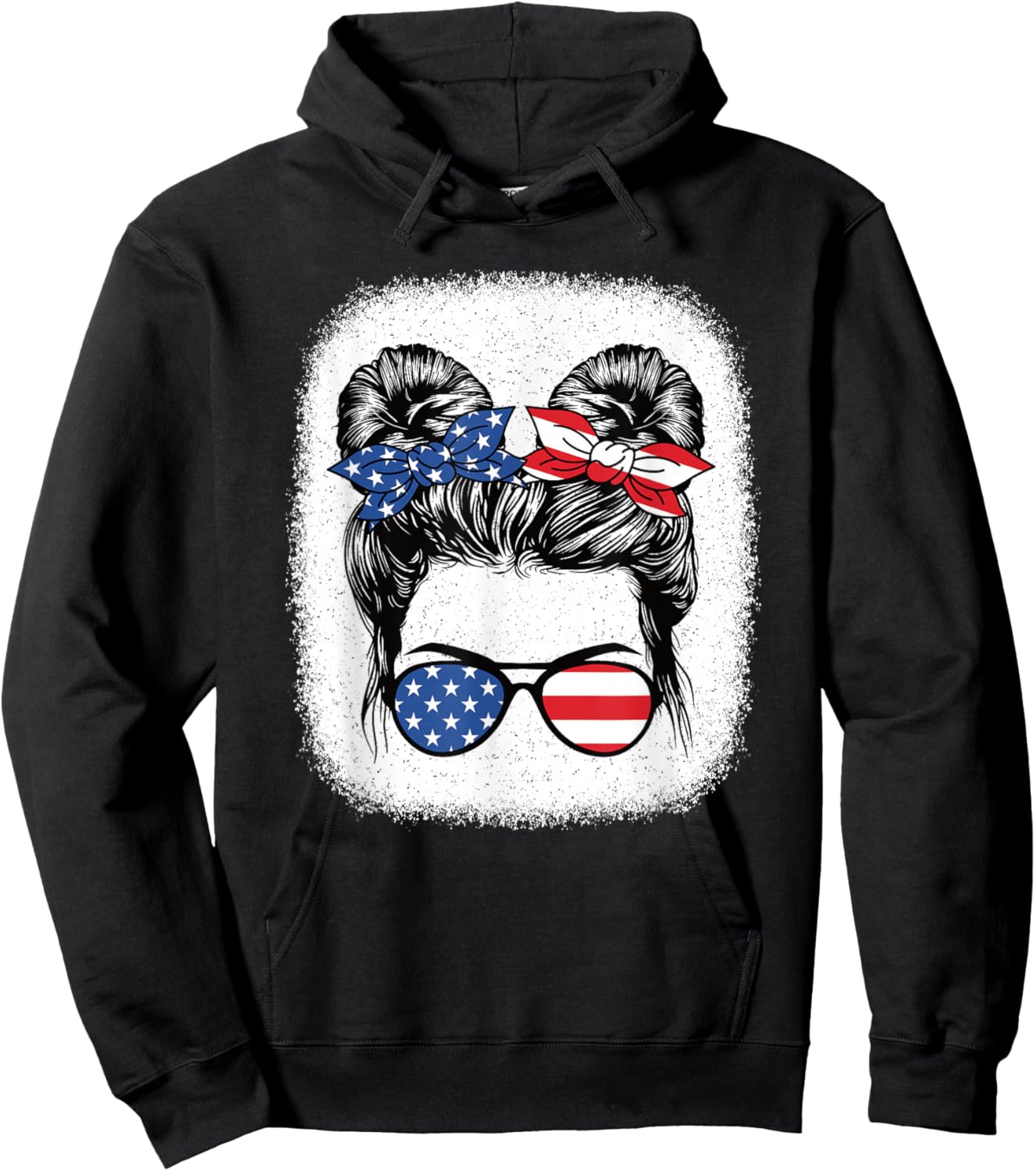 Cute 4th of July Messy Bun Girl American Flag Patriotic USA Hoodie - Hoodie | Black