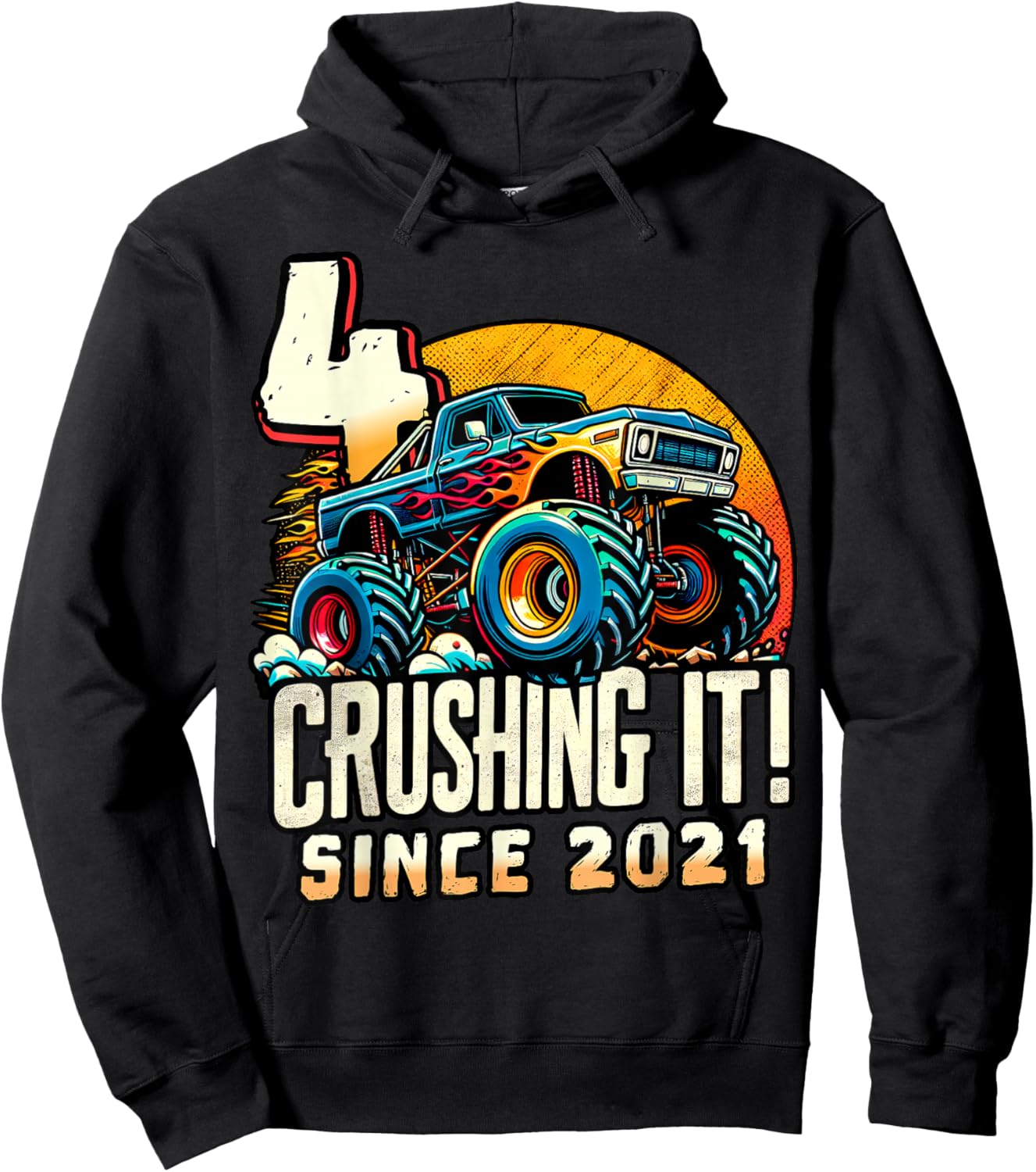 Birthday Monster Truck 4 year Old Boys 4th Party Born 2021 Hoodie - Hoodie | Black