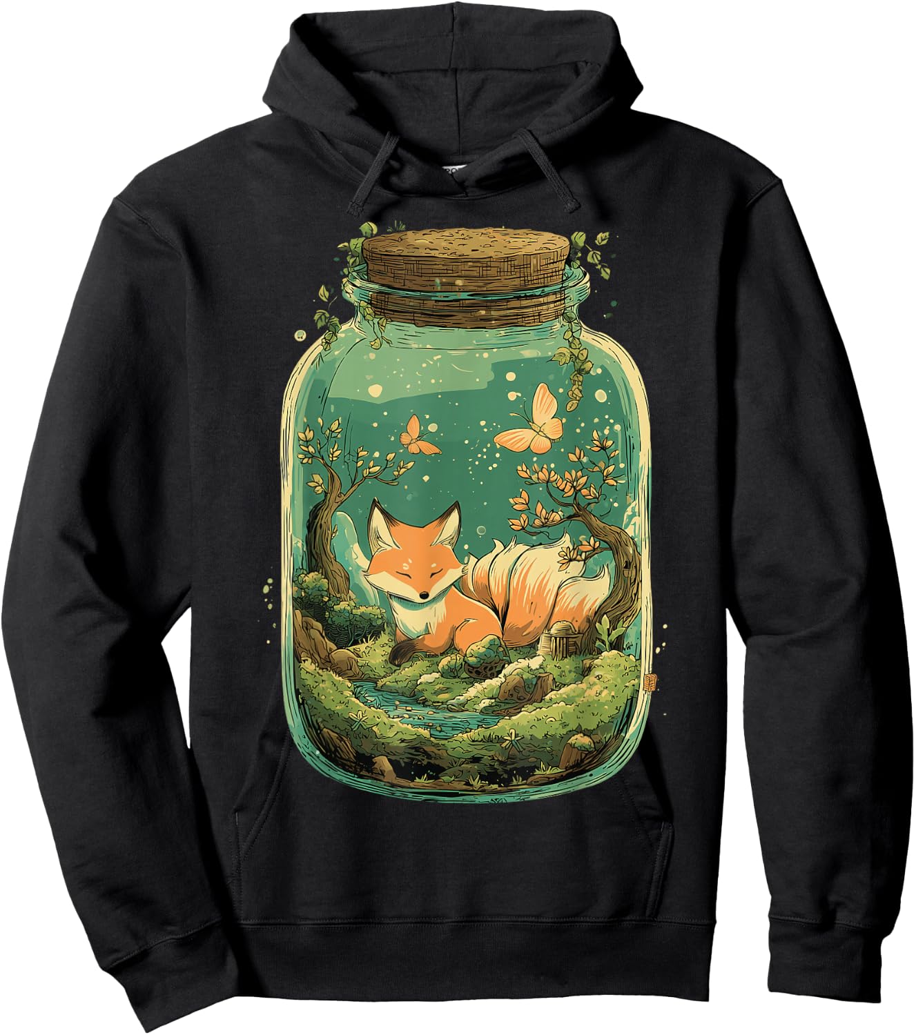 Magical Kitsune Nine-Tailed Fox Kawaii Terrarium Art Hoodie - Hoodie | Black