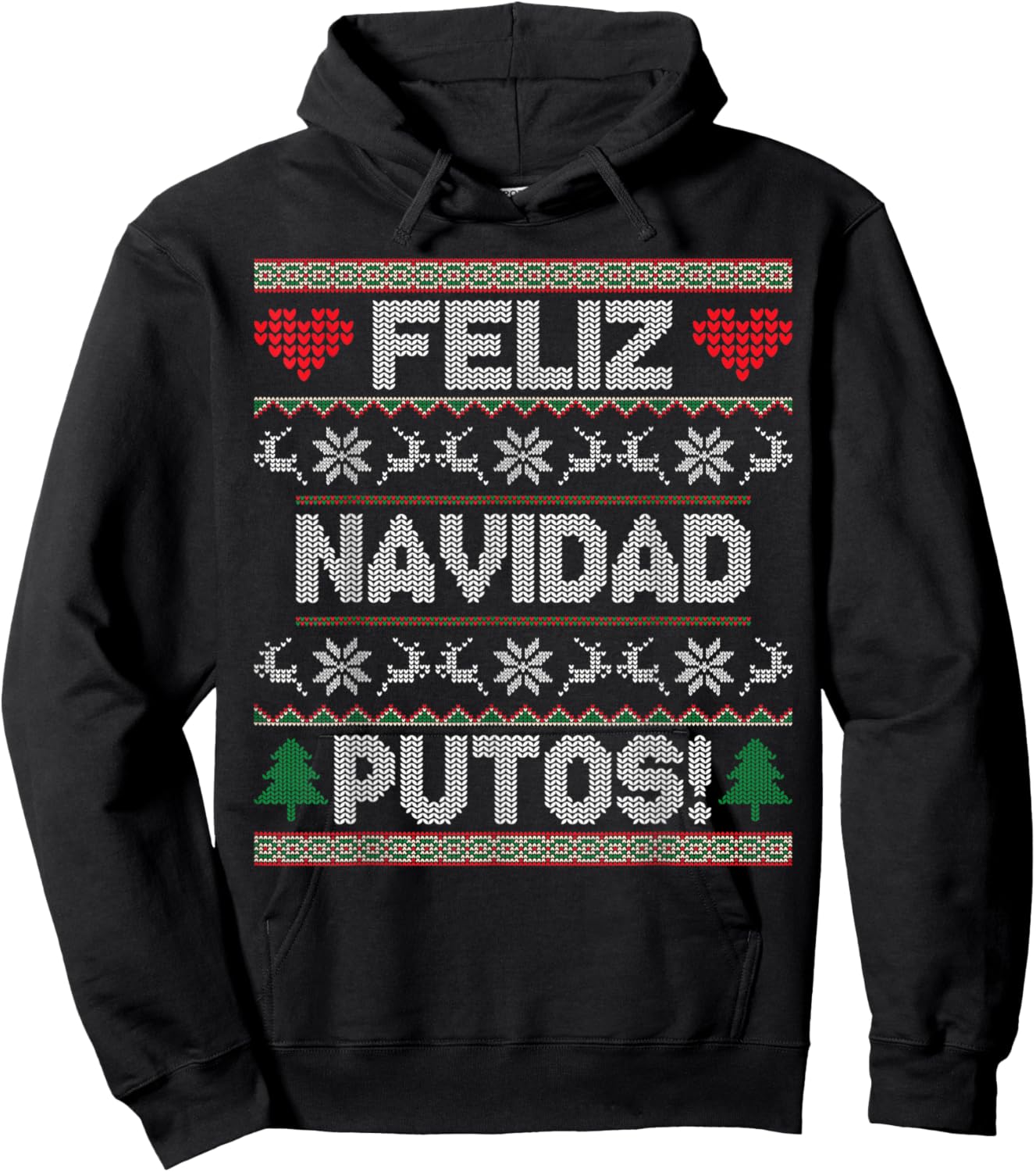 Feliz Navidad Putos Funny Latino Christmas Ugly Sweater Hoodie - Hoodie | Black