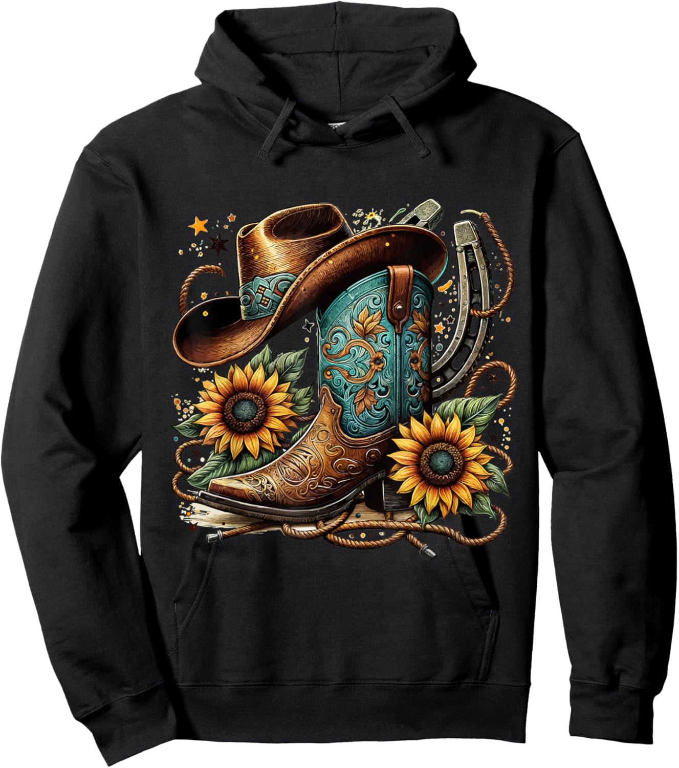 Western Cowboy Boot Horseshoe Sunflower Rope Cowgirl Boot , Small, Black Hoodie - Hoodie | Black