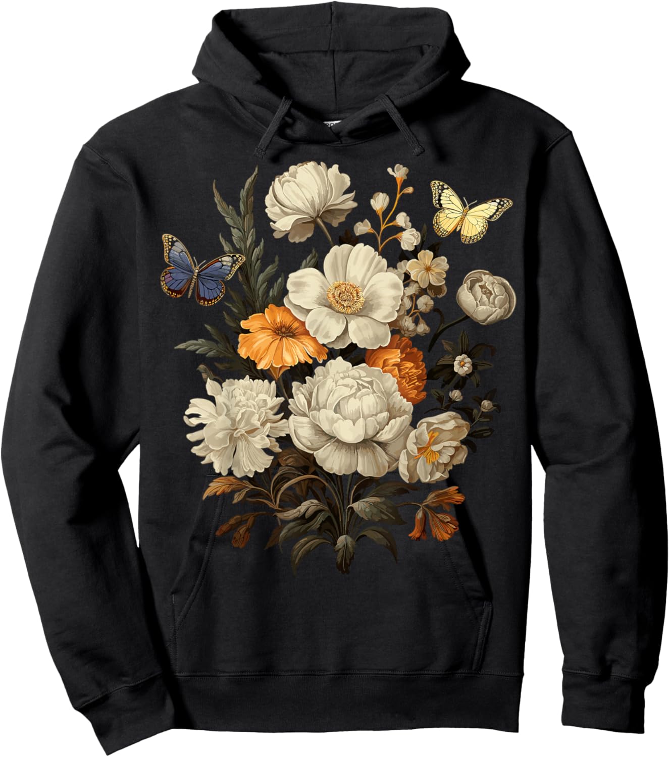 Vintage Pressed Flowers Butterflies Floral Boho Wildflowers Hoodie - Hoodie | Black