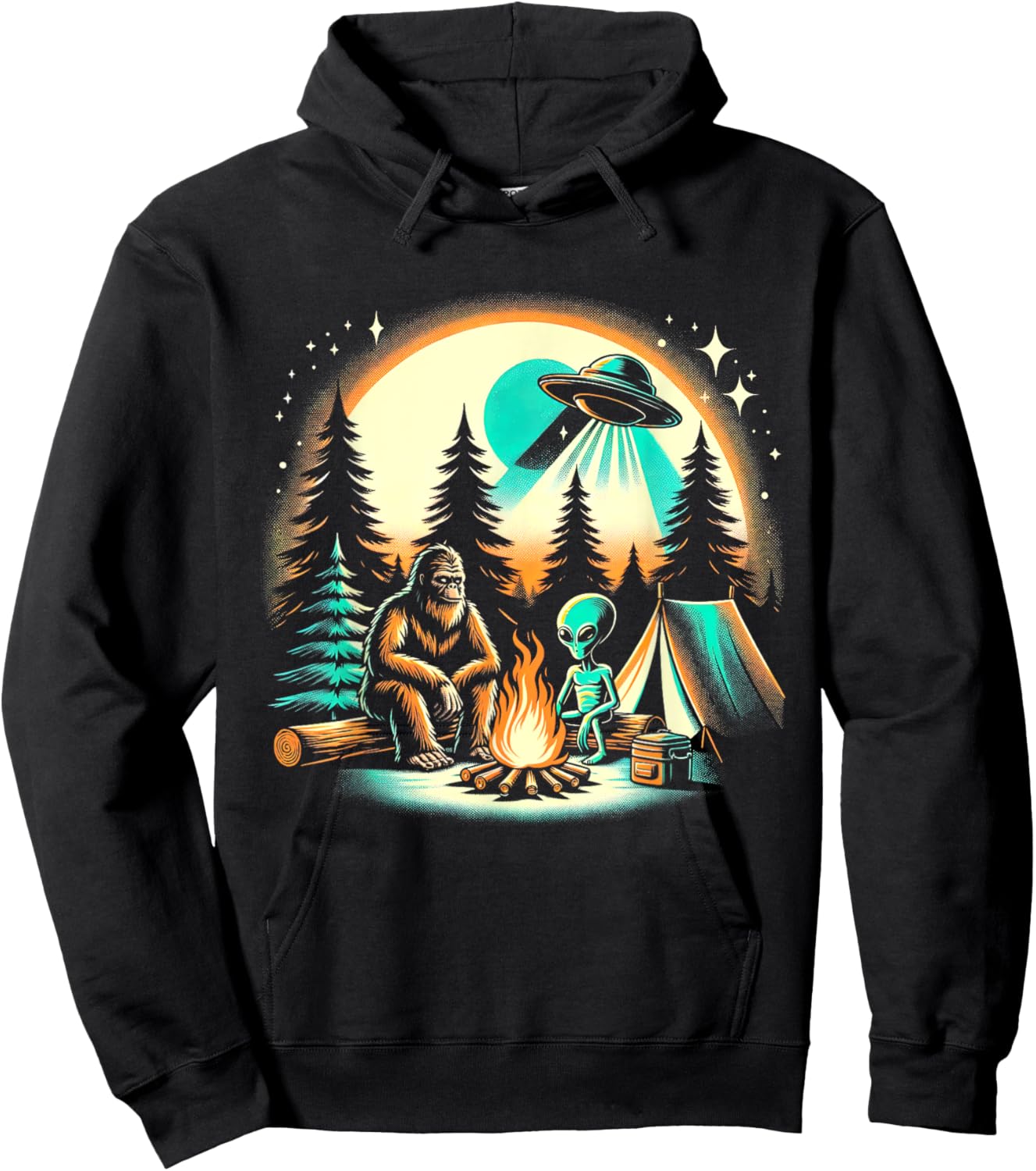 Funny Bigfoot & Alien UFO Camping Outdoor Adventures Hiking Hoodie - Hoodie | Black