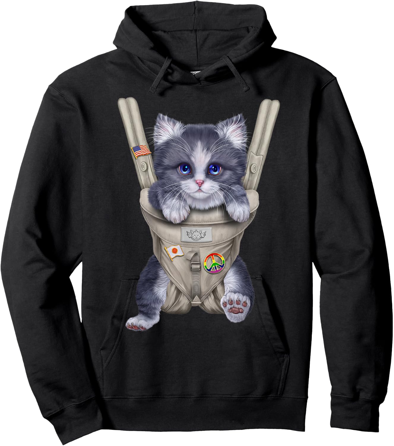 Grey Bicolor Cat in Baby Carrier Women Kids Hoodie - Hoodie | Black