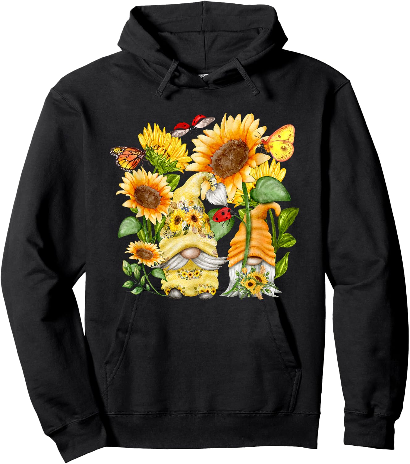 Sunflower Gnome Butterfly & Ladybug Floral Flower Hoodie - Hoodie | Black